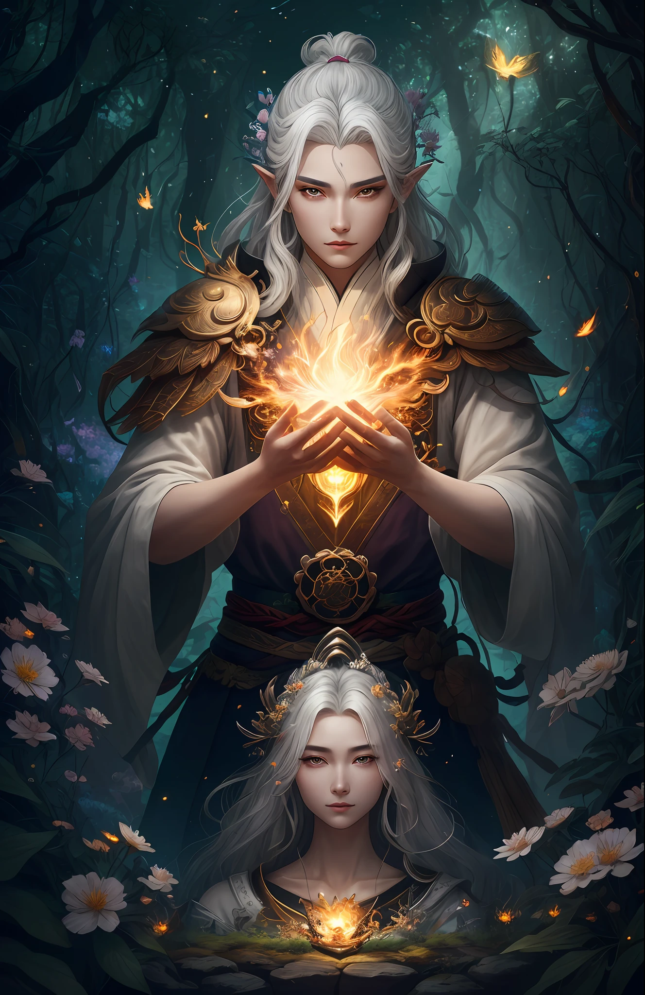 Masterpiece, best quality, (very detailed CG unified 8k wallpaper), (best quality), (best illustration), (best shadow), close-up of a beauty with white hair and white mask, beautiful figure painting, Guvitz, Guwiz style artwork, white-haired god, Yang J, epic exquisite character art, amazing character art, Fan Qi, Wu Zhun Shifan, Guwiz in pixiv art station, glowing elf, with a glowing deer, drinking water in the pool, Natural elements in forest theme. Mysterious forest, beautiful forest, nature, surrounded by flowers, delicate leaves and branches surrounded by fireflies (natural elements), (jungle theme), (leaves), (branches), (fireflies), (particle effects) and other 3D, Octane rendering, ray tracing, super detailed