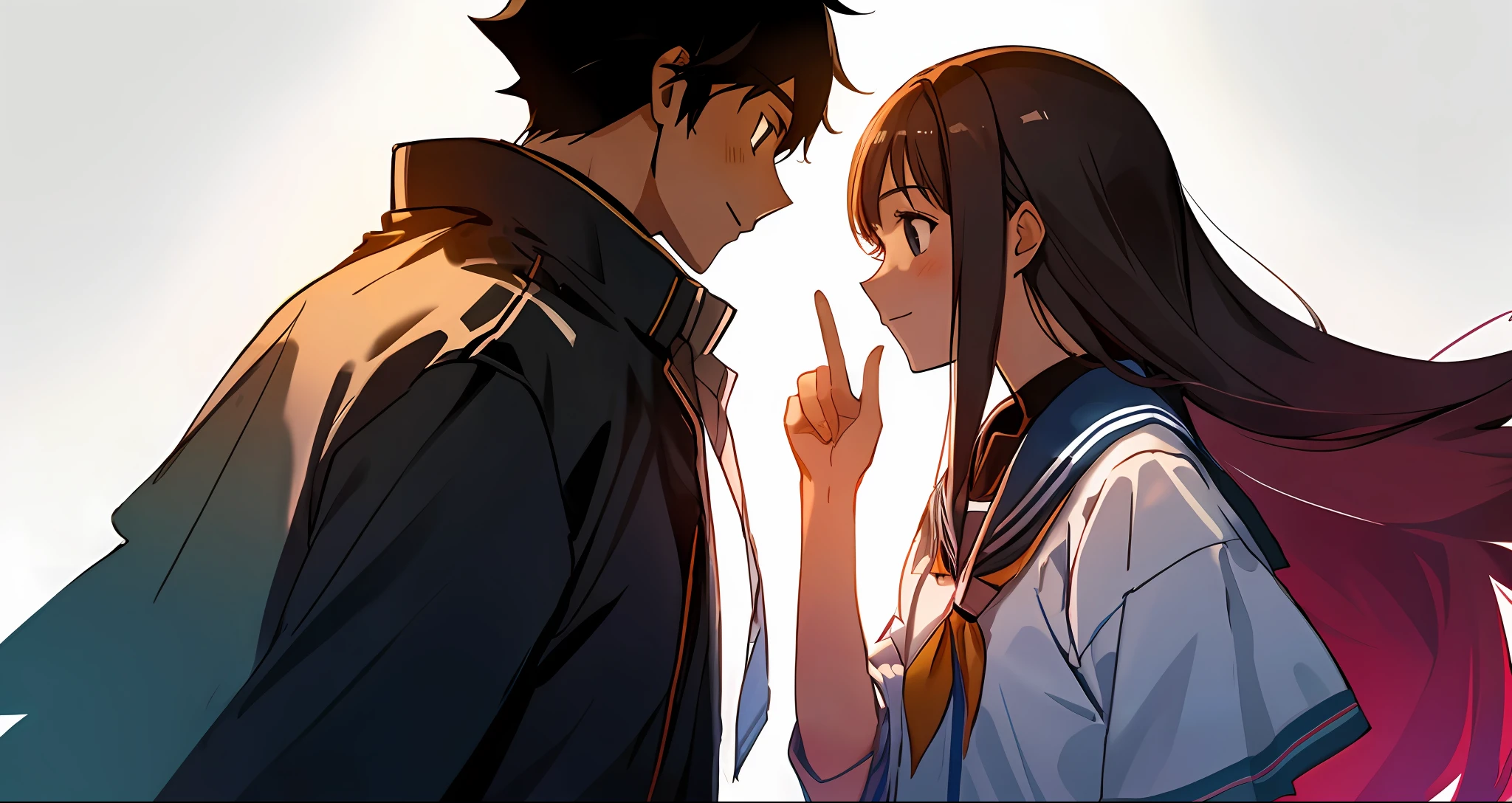 A man and a female high school student look at each other face to face with a clean background