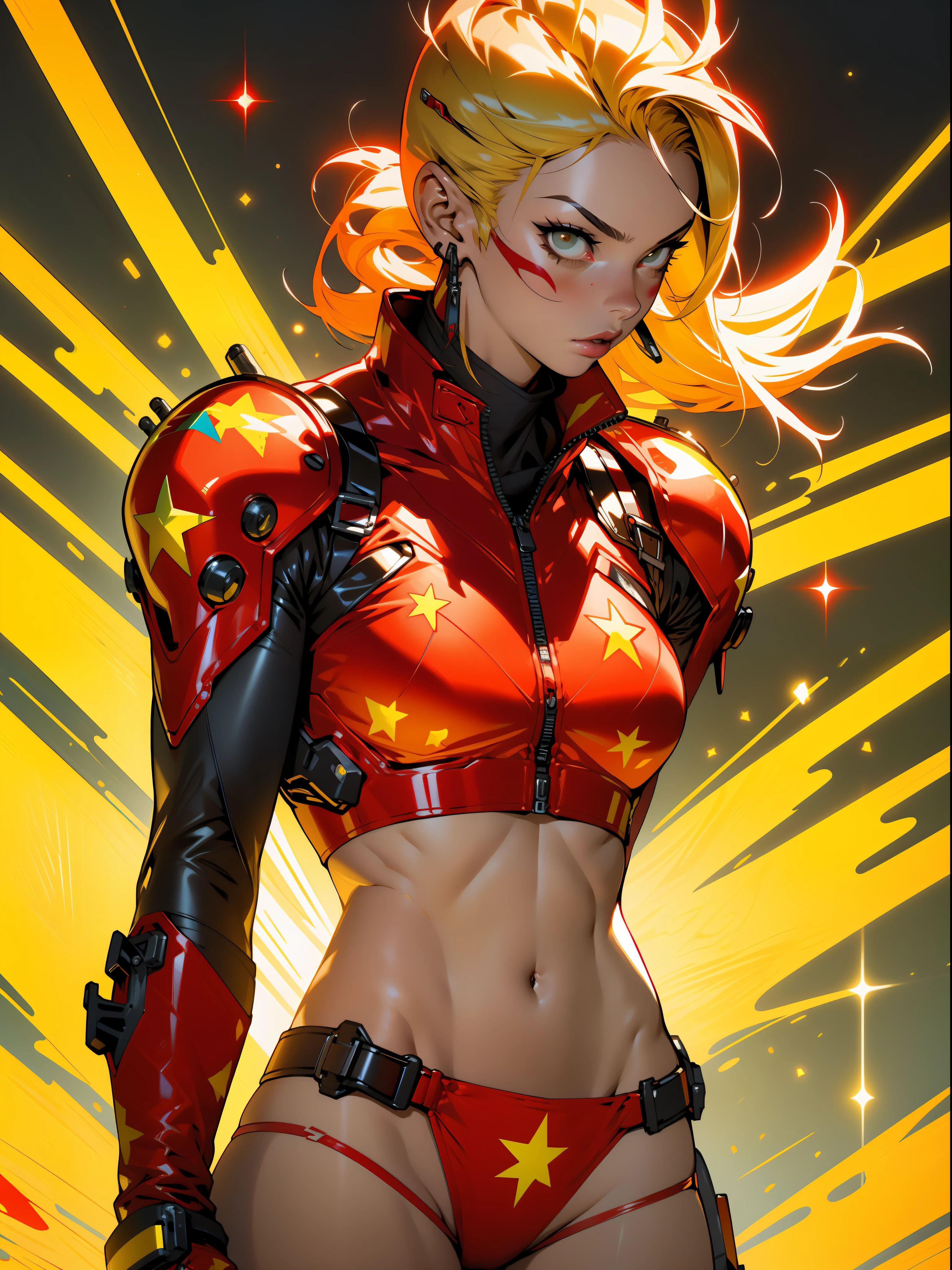 (((woman))), A 35-year-old muscular Russian warrior woman almost naked in the Simon Bisley style for the cover of Heavy Metal magazine, (((tiny red thong))), super short blonde hair, Minimum clothing, Cyrillic alphabet, red carbon fiber armor with yellow stars in hexagonal pattern stained with ink, (((red clothing with yellow stars)))), (((short-cut))), ((Annie Lennox)), inside a spaceship, cyberpunk, tight suits, bio mechanical suit,