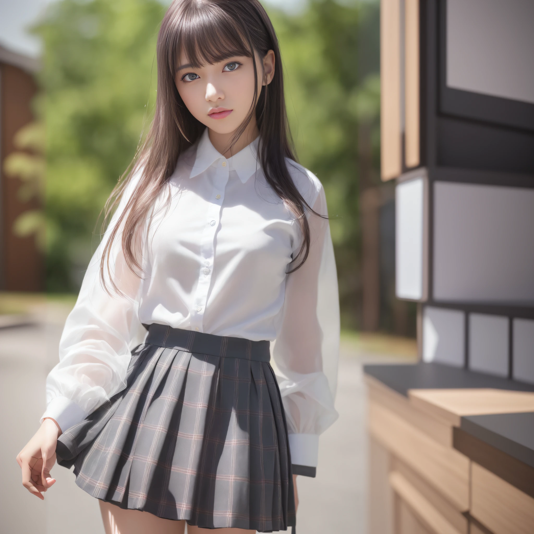 arafed asian woman in a skirt and shirt posing for a picture, wearing japanese school uniform, white shirt and grey skirt, japanese girl school uniform, japanese school uniform, a hyperrealistic schoolgirl, anime girl in real life, wearing a light shirt, transparent gray skirts, wearing a blouse, beautiful anime high school girl, sakimichan hdri