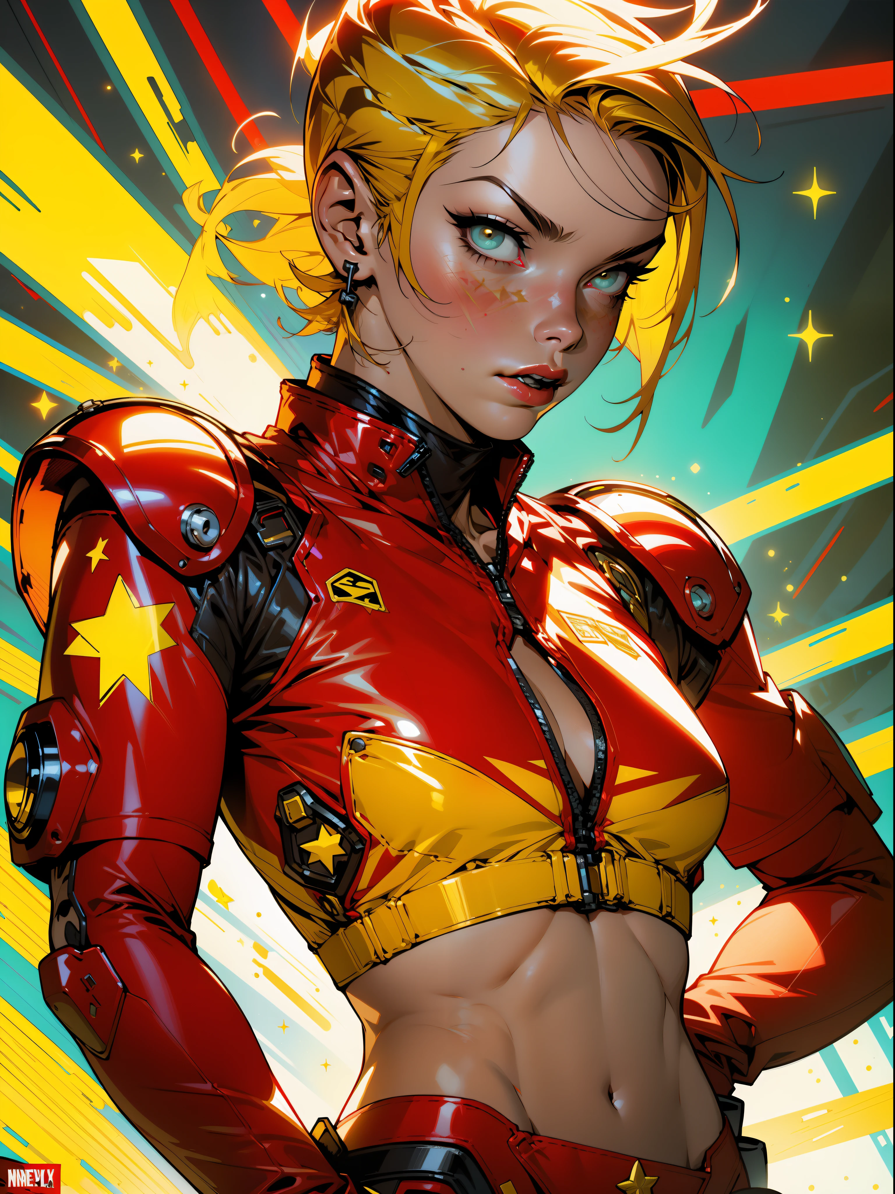 (((woman))), A 35-year-old muscular Russian warrior woman almost naked in the Simon Bisley style for the cover of Heavy Metal magazine, (((tiny red thong))), super short blonde hair, Minimum clothing, Cyrillic alphabet, red carbon fiber armor with yellow stars in hexagonal pattern stained with ink, (((red clothing with yellow stars)))), (((short-cut))), ((Annie Lennox)), inside a spaceship, cyberpunk, tight suits, bio mechanical suit,