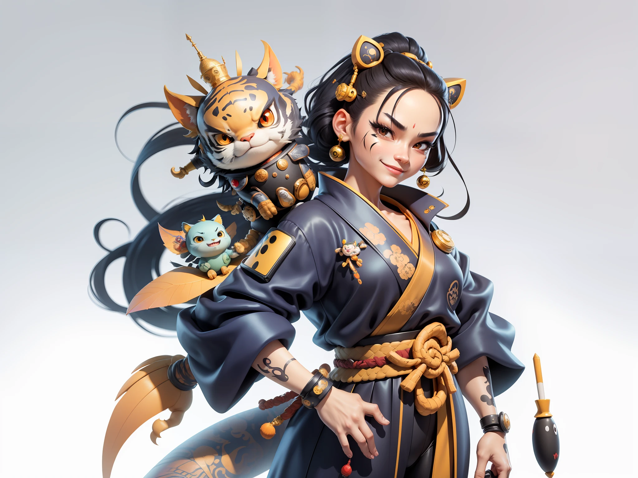 (Masterpiece), (Extreme Quality), (Super Meticulous), (Full Body: 1.2), Super Young Woman, Japanese Female Geisha, Beauty, Chinese Dragon, Tiger, Fengshen Thor, Sexy, Bursting, Oriental Face, TV Anchor, Bust Portrait Illustration, Alone, Black Suit, Blue Tie, Slightly Chubby, Very Clean Face, No Beard, Black Super Short Hair, Black Eyes, Confident Smile, 3c Computer Sub-Products, iPad, iPhone, Digital Painting, 3D character design by Mark Clairedon and Pixar and Hayao Miyazaki and Akira Toriyama, the illustrations are HD illustrations in 4K resolution with highly detailed facial features and cartoon-style visuals.