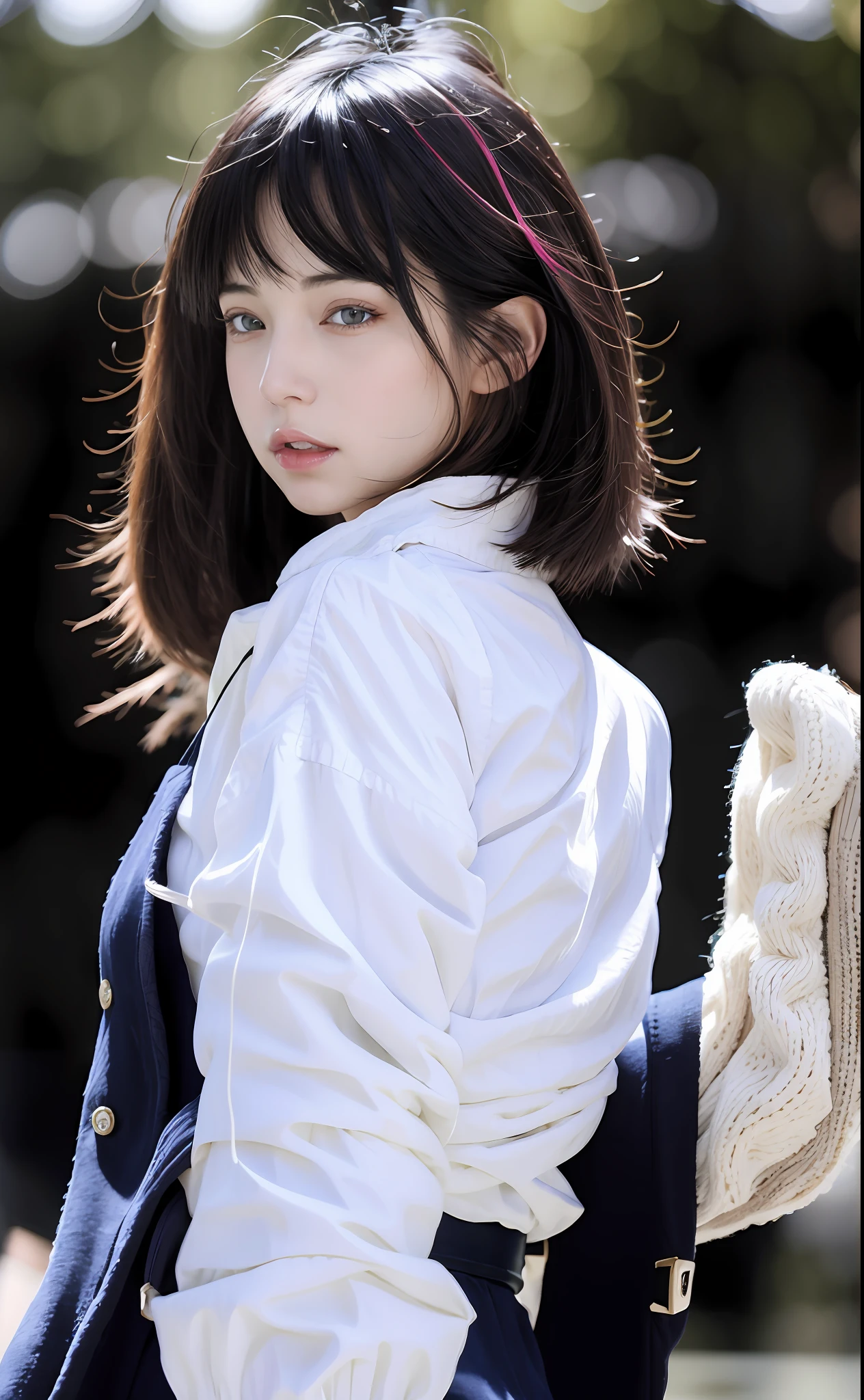 best quality, ultra high res, (photorealistic:1.4), (detailed beautiful girl:1.4), (medium breasts:0.8), looking_at_viewer, Detailed facial details, beautiful detailed eyes,pink hair, blue eyes, slender, haunting smile, (makeup:0.3), red lips, highly detailed clothes, (ulzzang-6500-v1.1:0.3)