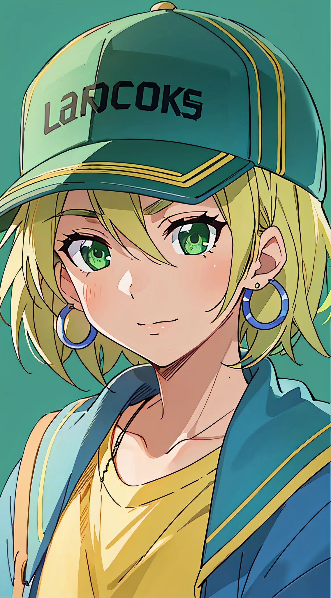 lucky star, masterpiece, best quality, 1girl, aqua eyes, baseball cap, blonde hair, closed mouth, earrings, green background, hat, hoop earrings, jewelry, looking at viewer, shirt, short hair, simple background, solo, upper body, yellow shirt