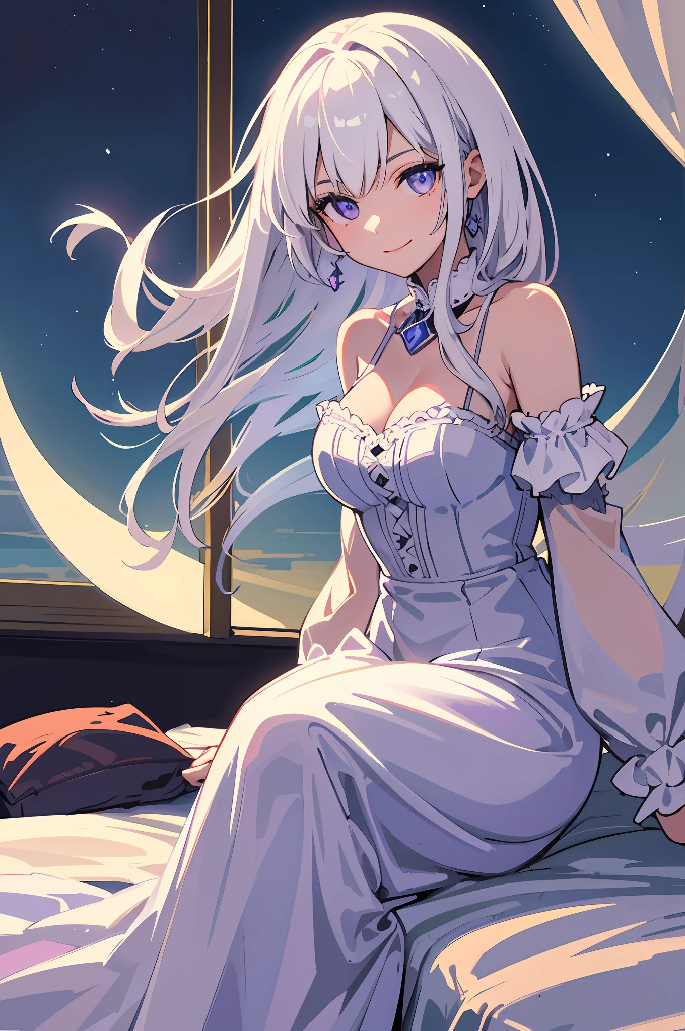 High resolution, highest quality, illustration, cinematic light, super detailed, detailed face, (detailed eyes), best quality, super detailed, masterpiece, (detailed face), 2girls, girl, white hair, purple eyes, highest detail, glowing eyes, medium breathing, sitting on bed, sitting, bed, window, night sky, lake outside, moon, full moon, backlight, light, (high contrast), (color), wearing short skirt, smiling