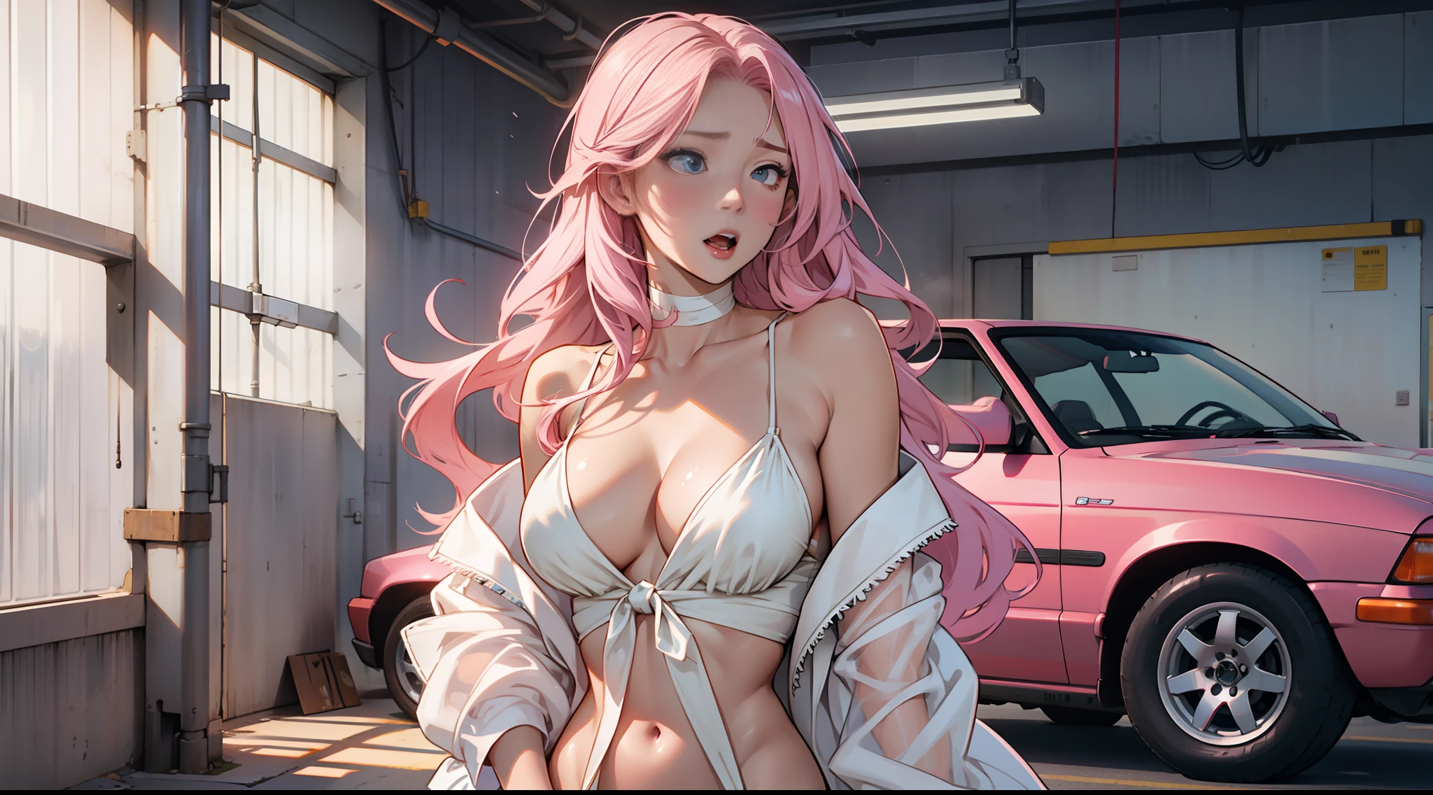 A girl with long pink hair, white slip dress, delicate face, thin waist, milky skin, sexy, clear cleavage, inside the car shop, surprised, with her mouth open