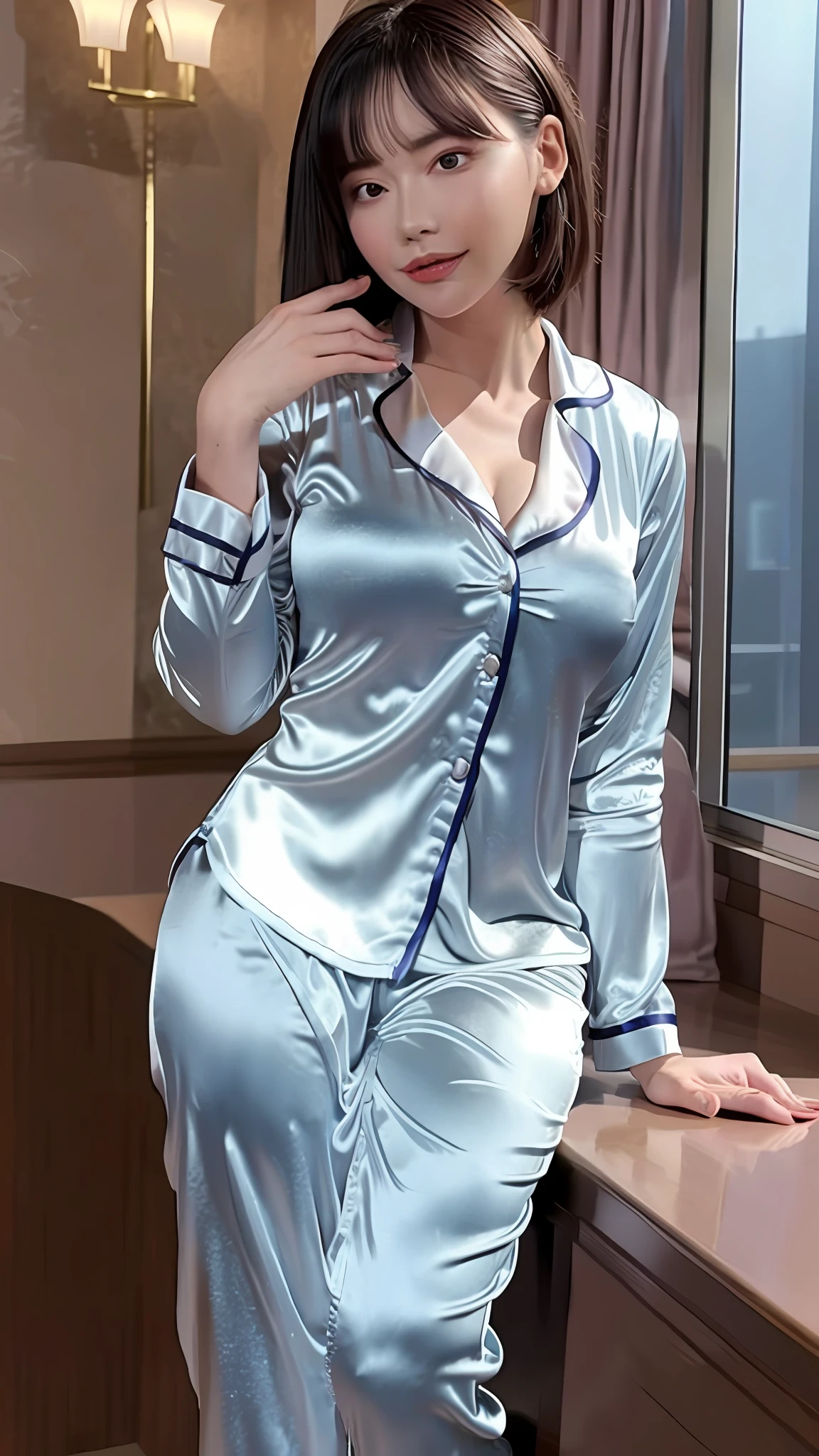 Best quality, best image quality, highest resolution, super detail, wearing satin pajamas, the material of satin pajamas is shiny, soft and smooth to the touch, no underwear is worn, Chest is C cup, Japan fashion model, full body shot so that the face can also enter, the subject is one, the place is the hotel bathtub, put your hands on the chest,