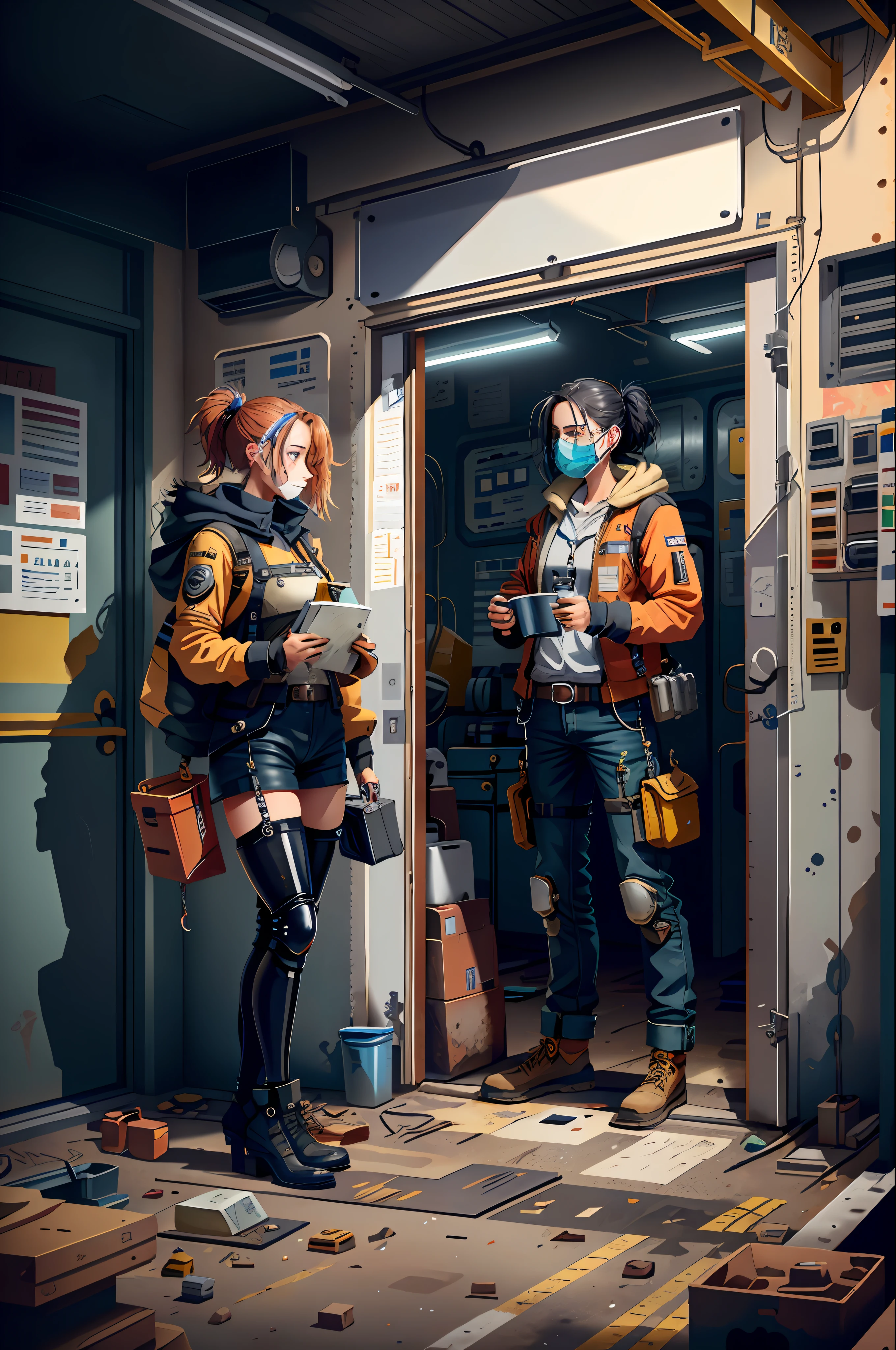masterpiece, best quality, ultra-detailed, illustration, 1girl, solo, shiny, reflective, latex, work clothes, sexy, body, squat, detailed, work shoes, messy, workshop, industry, high heels, black, red, silver, metal, gloves, goggles, protection, equipment, machinery, tools, sparks, dirt, oil, stains, sweat, exhaust, pipes, instruments, dials, pipes, instruments, dials, buttons, levers, cables, wires, hydraulics, systems hydraulic presses, cranes, pulleys, welding, torches, grinders, drills, saws, hammers, screwdrivers, wrenches, pliers, wrenches, tool boxes Fire extinguishers, first aid kits, ventilation, pipes, lamps, emergency exits, warning signs, warning tape, posters, calendars, coffee cups, dirty, workbenches, storage compartments, shelves, dustbins, lockers, safety vests, earmuffs, masks, respirators, smoke, smoke, smoke, smoke, debris, concrete floors, concrete walls, metal beams, rivets, bolts, screws, nuts, gaskets, hooks, chains, ropes, hooks, lubricants, bearings, liquids, solvents, adhesives, lubrication, maintenance, repair, overhaul, upgrades, installation, assembly, manufacturing, customization, prototyping, research, development, testing, quality control, inspection, certification, compliance, regulations, standards, efficiency, productivity, innovation, excellence, satisfaction, teamwork, dedication, professionalism, authorization, diversity, equality, respect, safety culture, industrial fashion, sci-fi, cyberpunk, dystopia