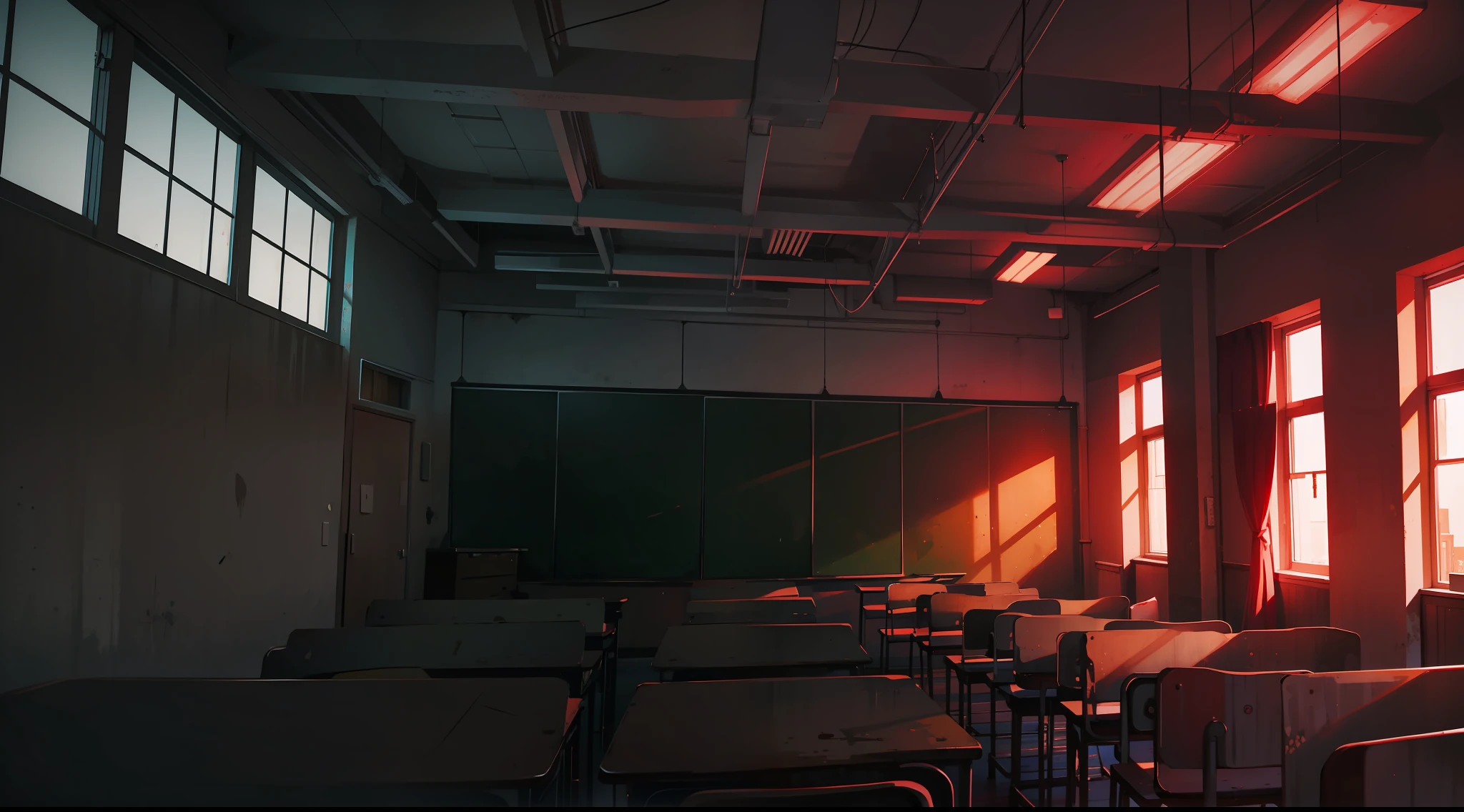 Gloomy school, classroom, dark night, inside school, abandoned, red lighting
