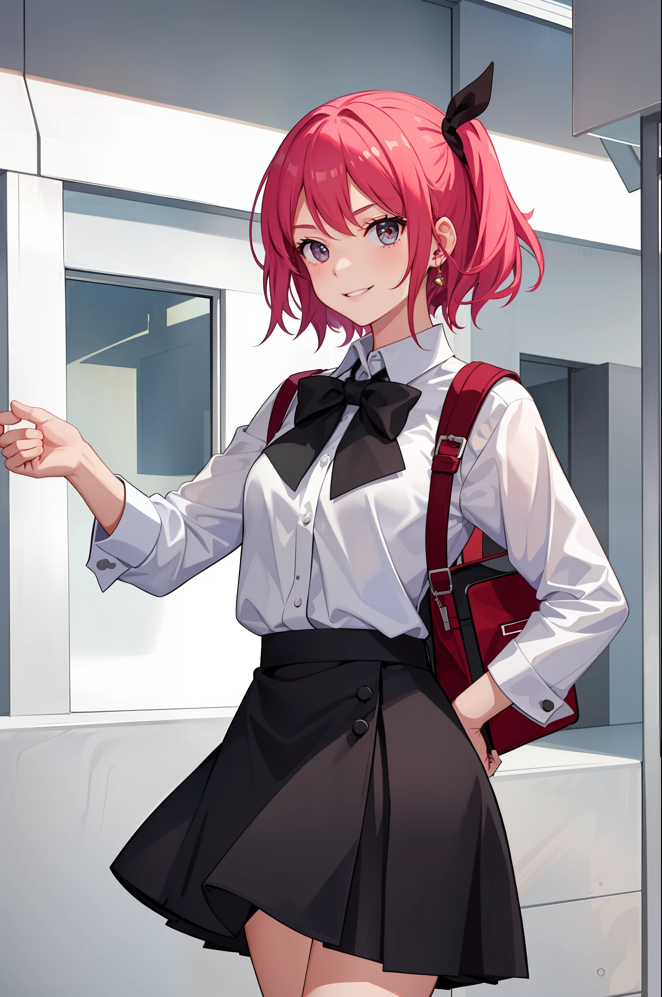 1 girl, smile, shirt, skirt, (small) chiralism,