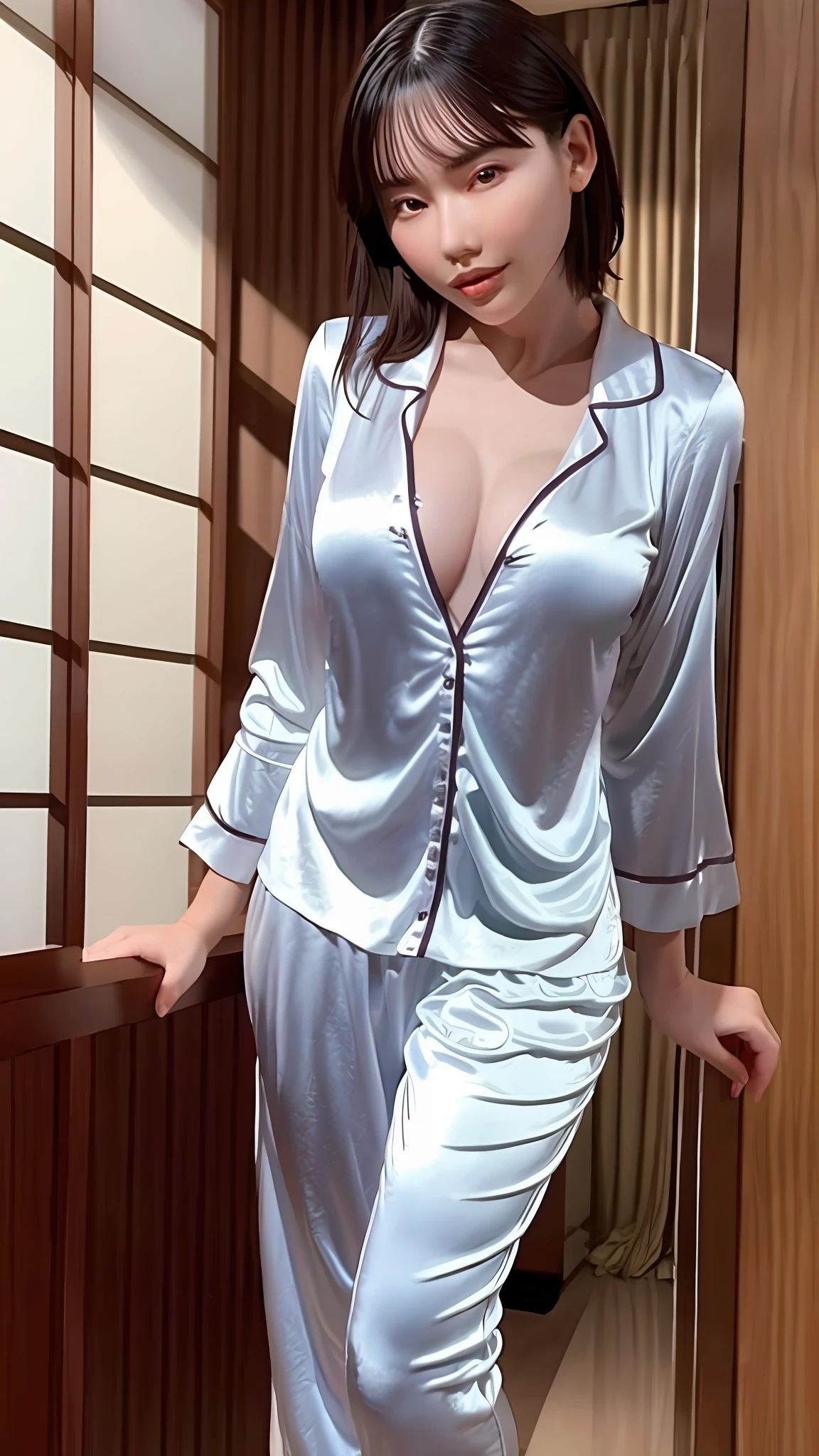 Best quality, best image quality, highest resolution, super detail, wearing satin pajamas, the material of satin pajamas is shiny, soft and smooth to the touch, no underwear is worn, Chest is C cup, Japan fashion model, full body shot so that the face can also enter, the subject is one, the place is the hotel bathtub, put your hands on the chest,
