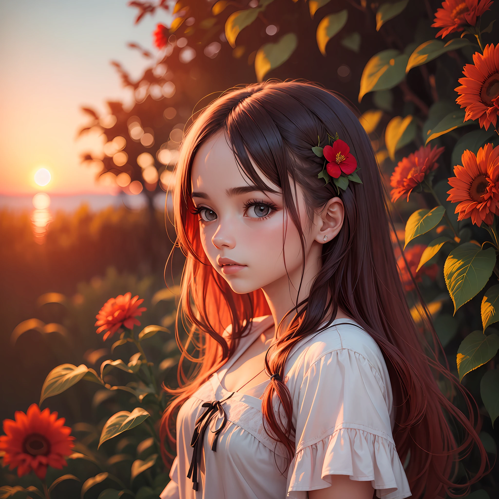 Girl with red flowers and sunset --auto --s2