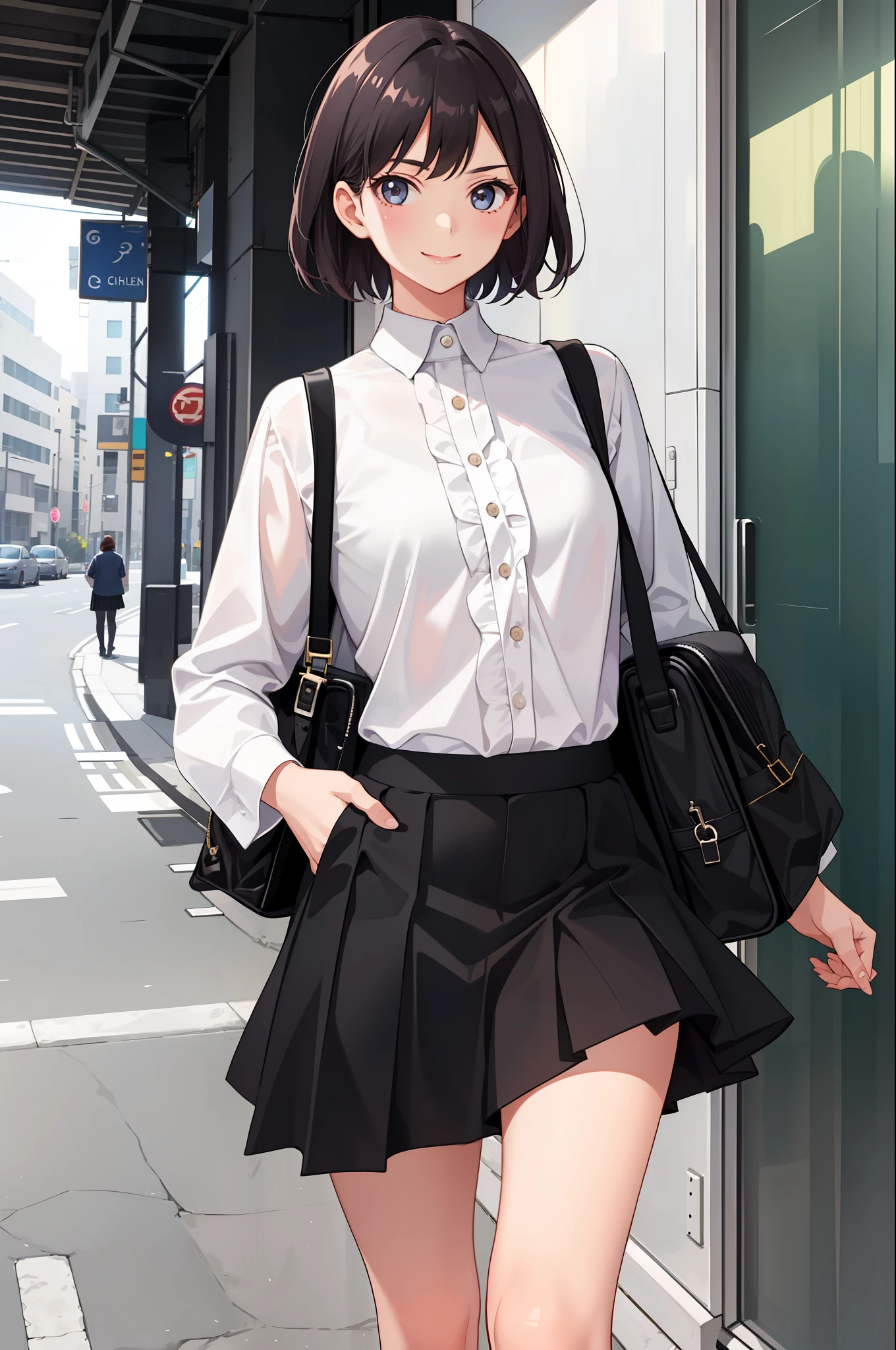 1 girl, smile, shirt, skirt, (small) chiralism,
