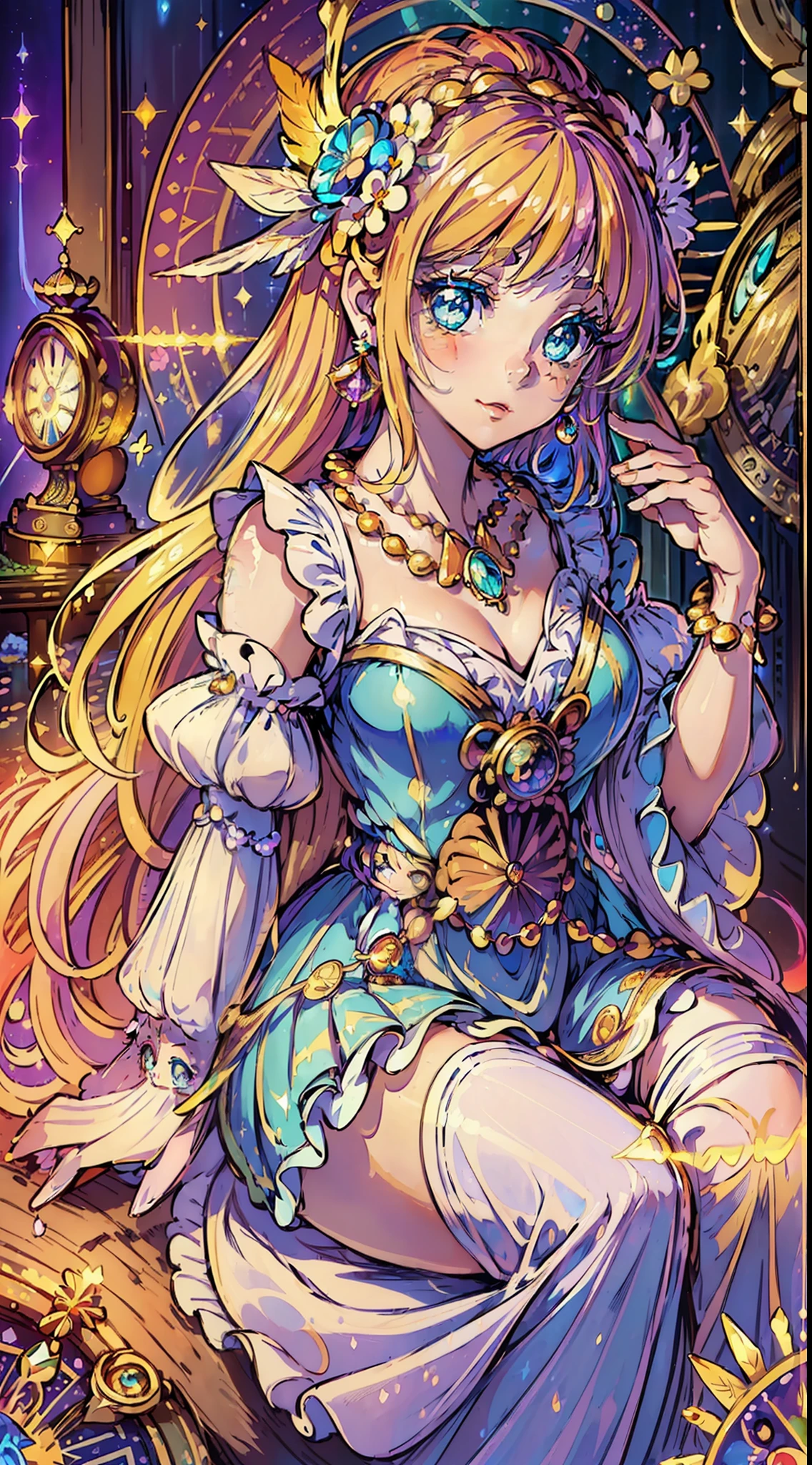 1girl, ((cinematic light)), colorful, hyper detail, dramatic light, intricate details, best quality, (extremely detailed CG unity 8k wallpaper, masterpiece, best quality, ultra-detailed, best shadow), (detailed background:1.4), (beautiful detailed face, beautiful detailed eyes), High contrast, (best illumination, an extremely delicate and beautiful),(girl:1.5), cowboy shot, masterpiece, (((best quality))) (((PERFECT QUALITY))), (((highly detail eyes))), (((highly detail))), (((((perfect eyes))))), (((((((beautiful eyes))))))), both eyes are the same, smooth, (((((perfect face))))), ((((extremely detailed 8K)))), high resolution, ultra quality, glare, Iridescent, Global illumination, real hair movement, realistic light, realistic shadow, perfect quality, detailed shadow and light, pixar, ((FANTASY)), ((MAGIC)), 3D, ((HIPER quality)), (((2K, 3K, 5K, 6K, 7K, 8K,))), ((detailed, good quality))
(((cute and delicate girl SITTING ON THE BRIDGE)))), ((light orange hair))), ((long hair)), ((kawaii)), ((((cute eyes)))) , ((kawaii eyes))
((((Princess)))), (((Princess crown))),
((((Long detailed glitter RAINBOW COLORFULL feather crystal princess dress)))), ((((((LONG BIG RAINBOW COLORFULL chic princess dress))))))
((shiny crystal shoes)), ((gold accessories, gold earrings, flower accessories, pearl accessories)),((happy expression)),
((SHINES, SPARKLES)), GOLD, ((sparkles)), ((shiny butterflies flying)), (feathers)
LAKE, BRIDGE, (((((CLOCK))))), MIRROR WATER, (((((FLOWERS IN THE LAKE))))), FOUNTAIN, (((LIGHTS SHINING IN THE LAKE))), BUSHES, NATURE
(((WOOD, BLUE CRYSTALS ON WOOD, PEARLS ON WOOD))), (((blue crystals))), ((((MAGIC LIBRARY)))), (((FOREST)))
(((((magical ancient place)))))
