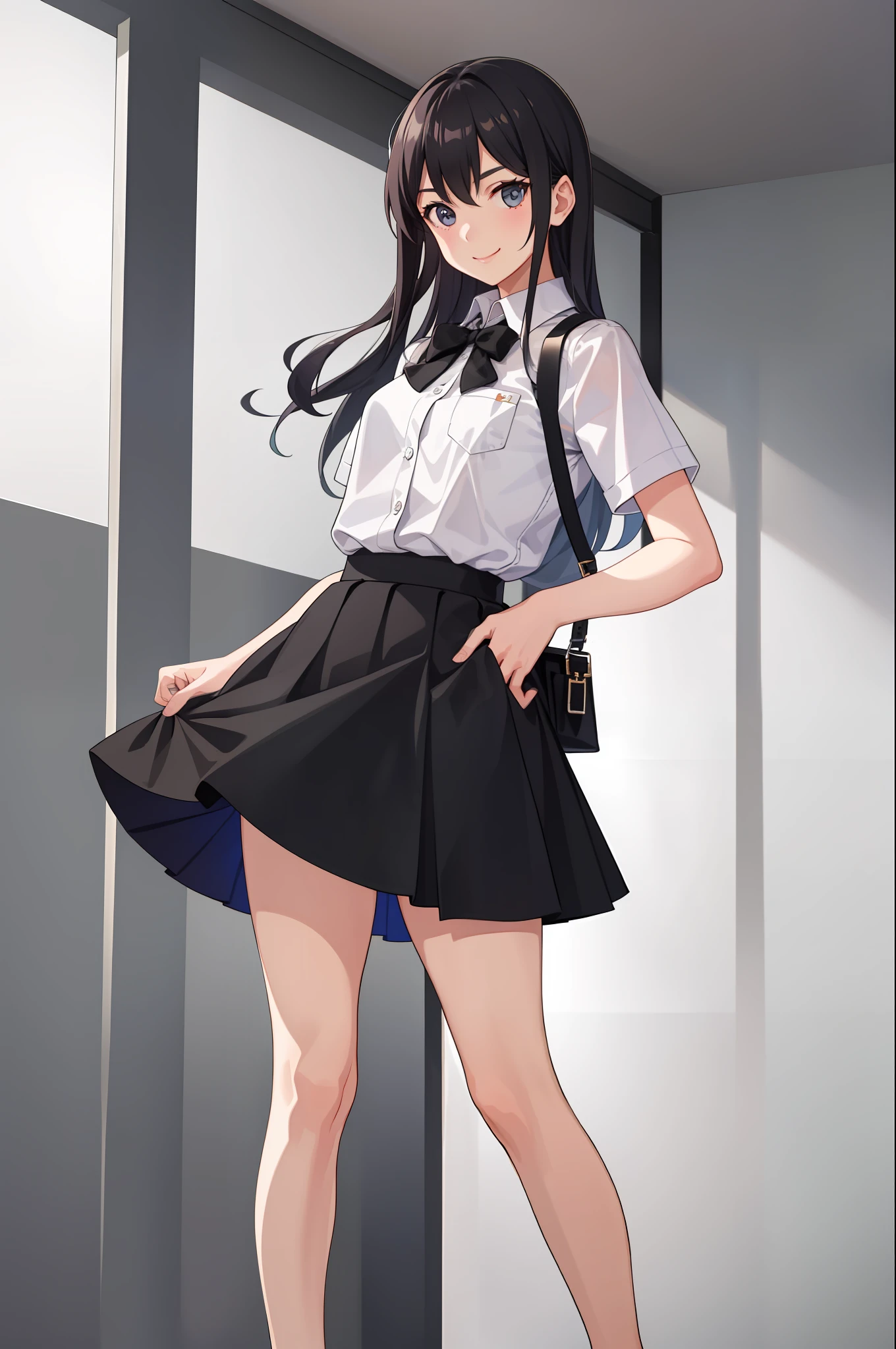 1 girl, smile, shirt, skirt, (small) chiralism,