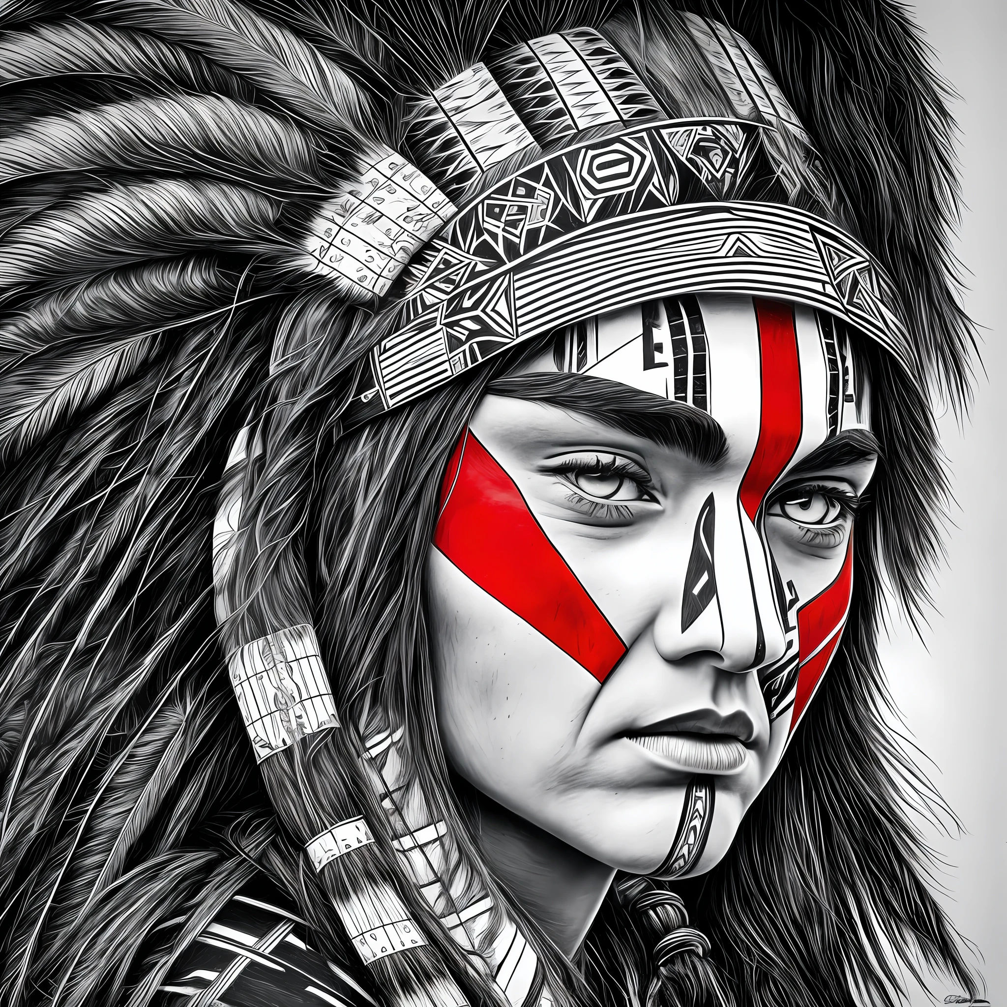 Native American face, black and white, sketch book style, with a red stripe on the face, pen drawing, ultra HD --auto --s2