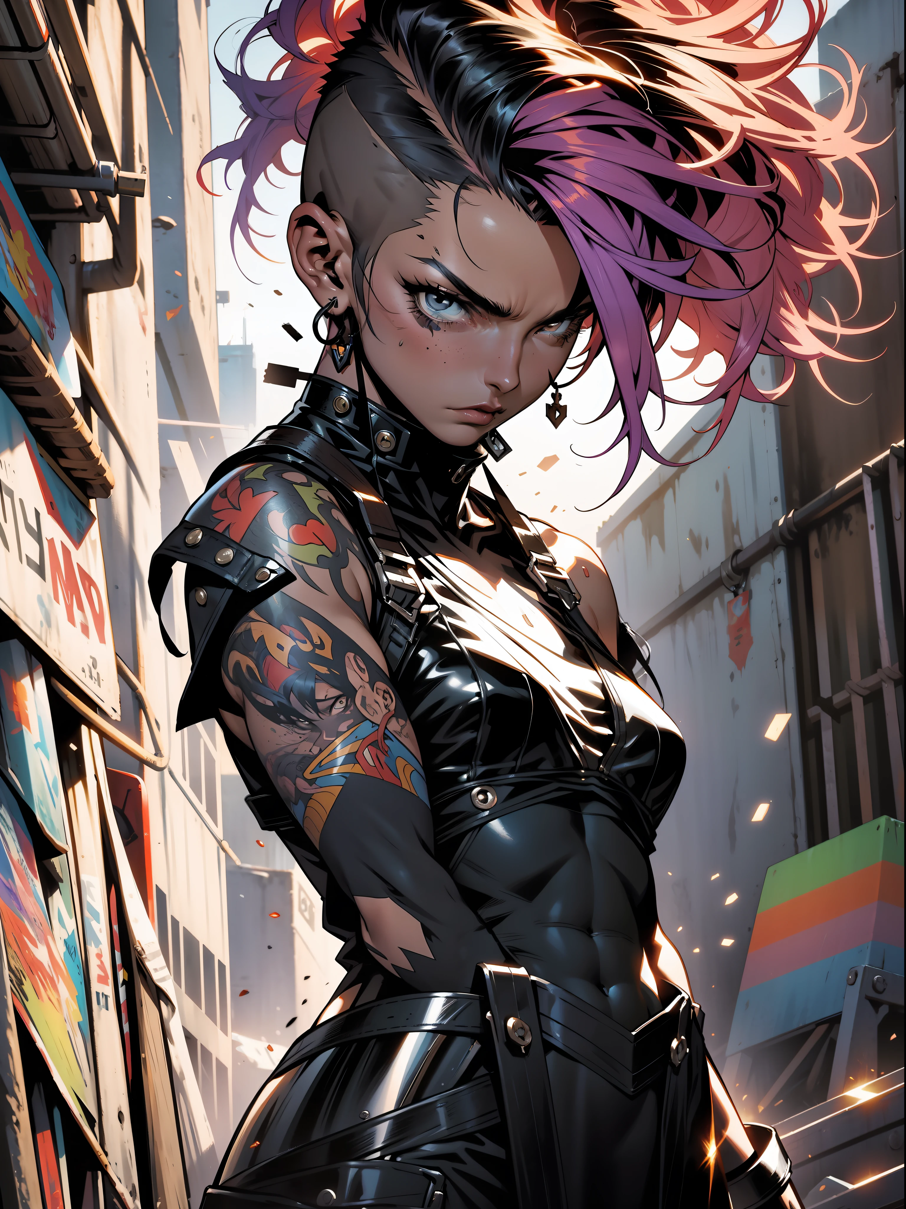 A muscular 35-year-old warrior woman almost naked in the Simon Bisley style for the cover of Heavy Metal magazine, colorful mohawk hair, Minimum clothing, Ink-stained short clothes,