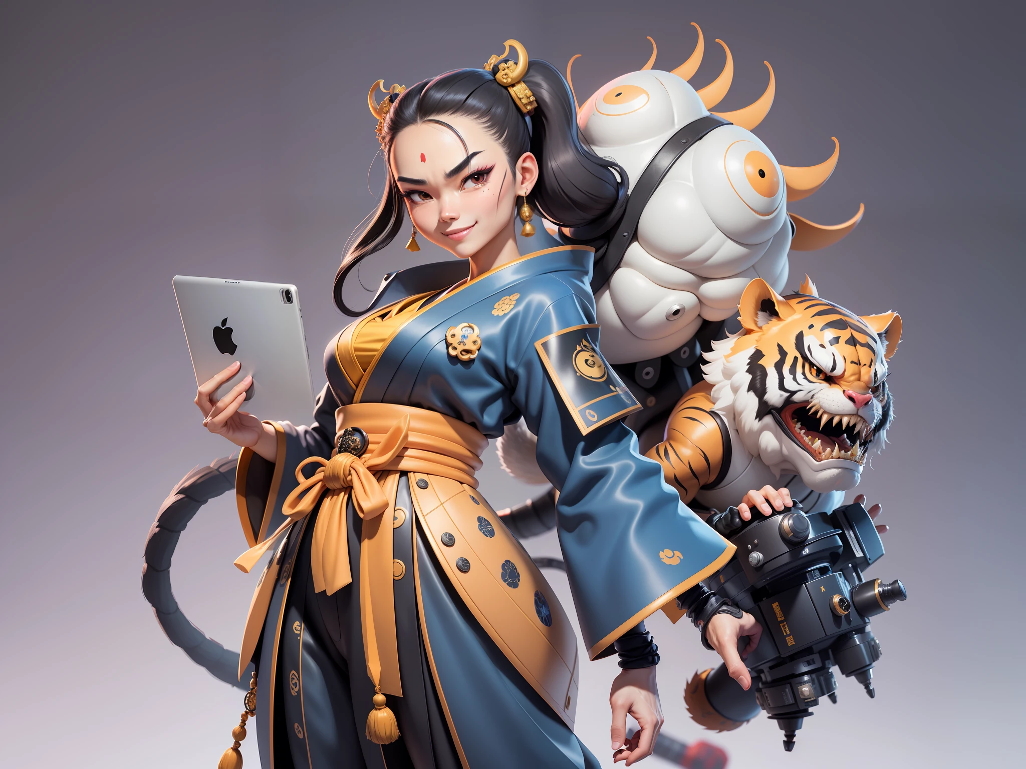 (Masterpiece), (Extreme Quality), (Super Meticulous), (Full Body: 1.2), Super Young Woman, Japanese Female Geisha, Beauty, Chinese Dragon, Tiger, Fengshen Thor, Sexy, Bursting, Oriental Face, TV Anchor, Bust Portrait Illustration, Alone, Black Suit, Blue Tie, Slightly Chubby, Very Clean Face, No Beard, Black Super Short Hair, Black Eyes, Confident Smile, 3c Computer Sub-Products, iPad, iPhone, Digital Painting, 3D character design by Mark Clairedon and Pixar and Hayao Miyazaki and Akira Toriyama, the illustrations are HD illustrations in 4K resolution with highly detailed facial features and cartoon-style visuals.