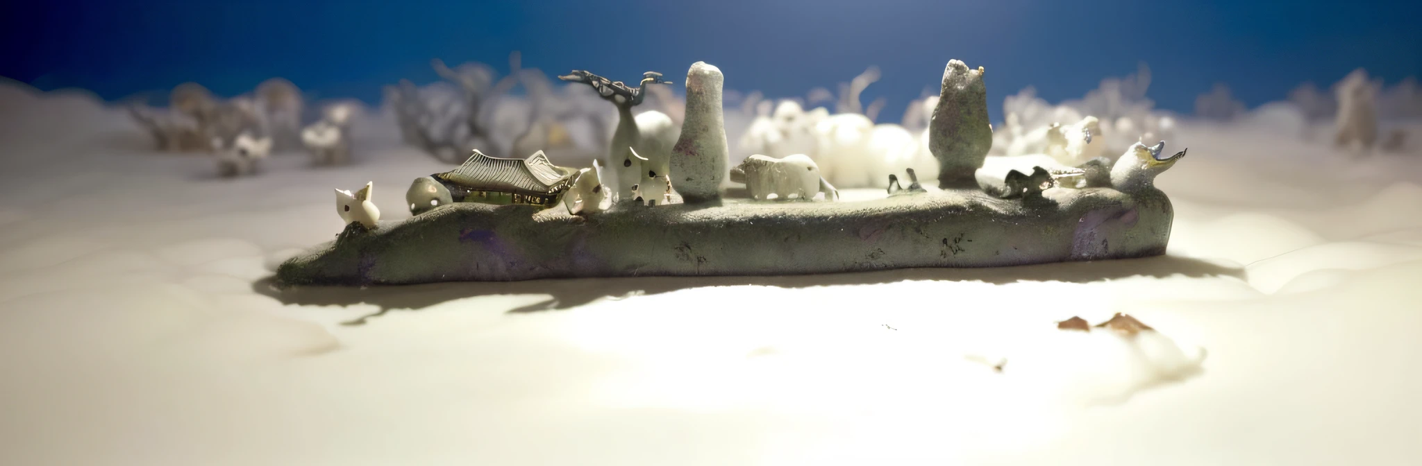 There are several 3,000-year-old Asian houses with a group of animals, ethereal old plum trees, diorama macro photography, lying in a white cloud wonderland, liquid clouds, spore clouds, surreal water art, badly damaged walls, glowing flower-shaped clouds, slimy reflections