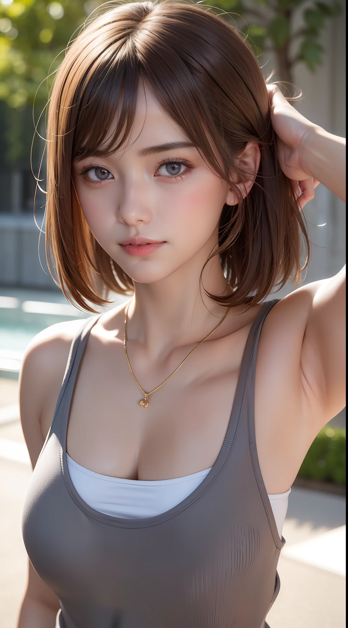 upper body, masterpiece, best quality, raw photo, photorealistic, big, face light, shiny skin, high resolution, super detail, detail, detailed eyes and face, sharp pupils, realistic pupils, sharp focus, shiny skin, cute smile, brown hair, sporty clothes, medium hair