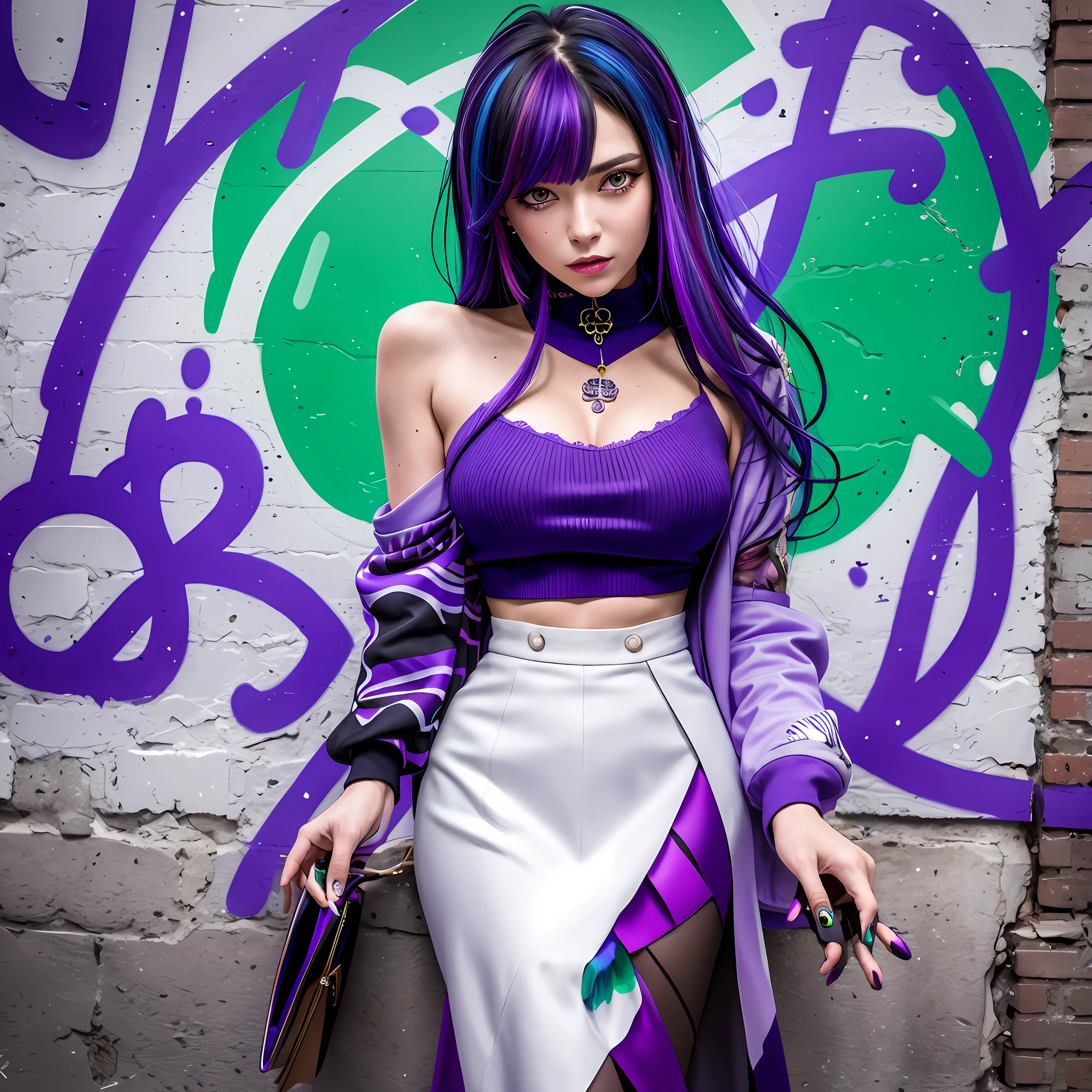 (masterpiece, best quality, 1girl, solo, intricate details, chromatic aberration), realistic, ((medium breath)),long hair, purple hair, purple head ornament, purple highlights, hair over one eye, green eyes, sharp eyes, choker, neon shirt, torn legwear, open jacket, turtleneck sweater, against wall, brick wall, graffiti, dim lighting, alley ,look at viewer,