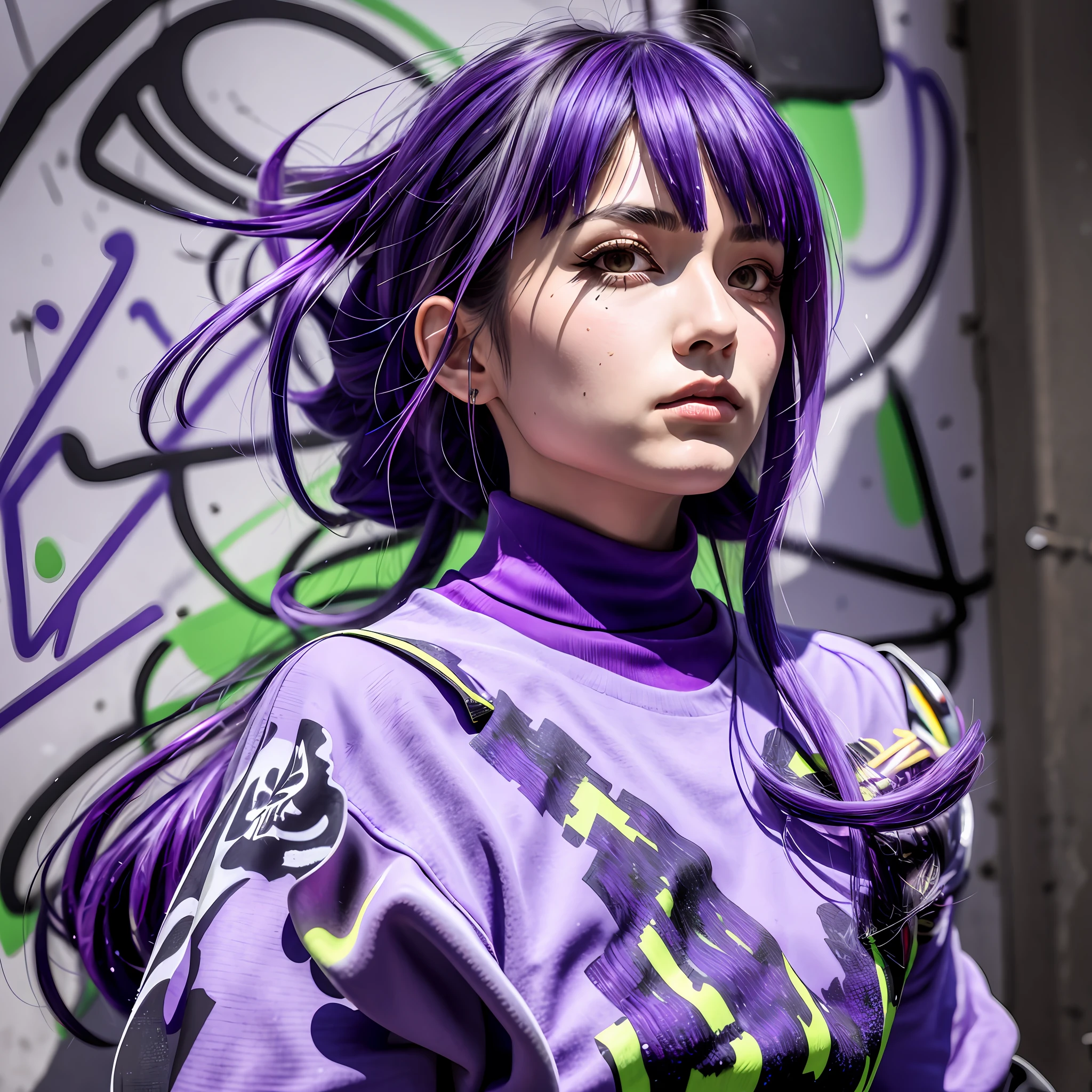 (masterpiece, best quality, 1girl, solo, intricate details, chromatic aberration), realistic, ((medium breath)),long hair, purple hair, purple head ornament, purple highlights, hair over one eye, green eyes, sharp eyes, choker, neon shirt, torn legwear, open jacket, turtleneck sweater, against wall, brick wall, graffiti, dim lighting, alley ,look at viewer,