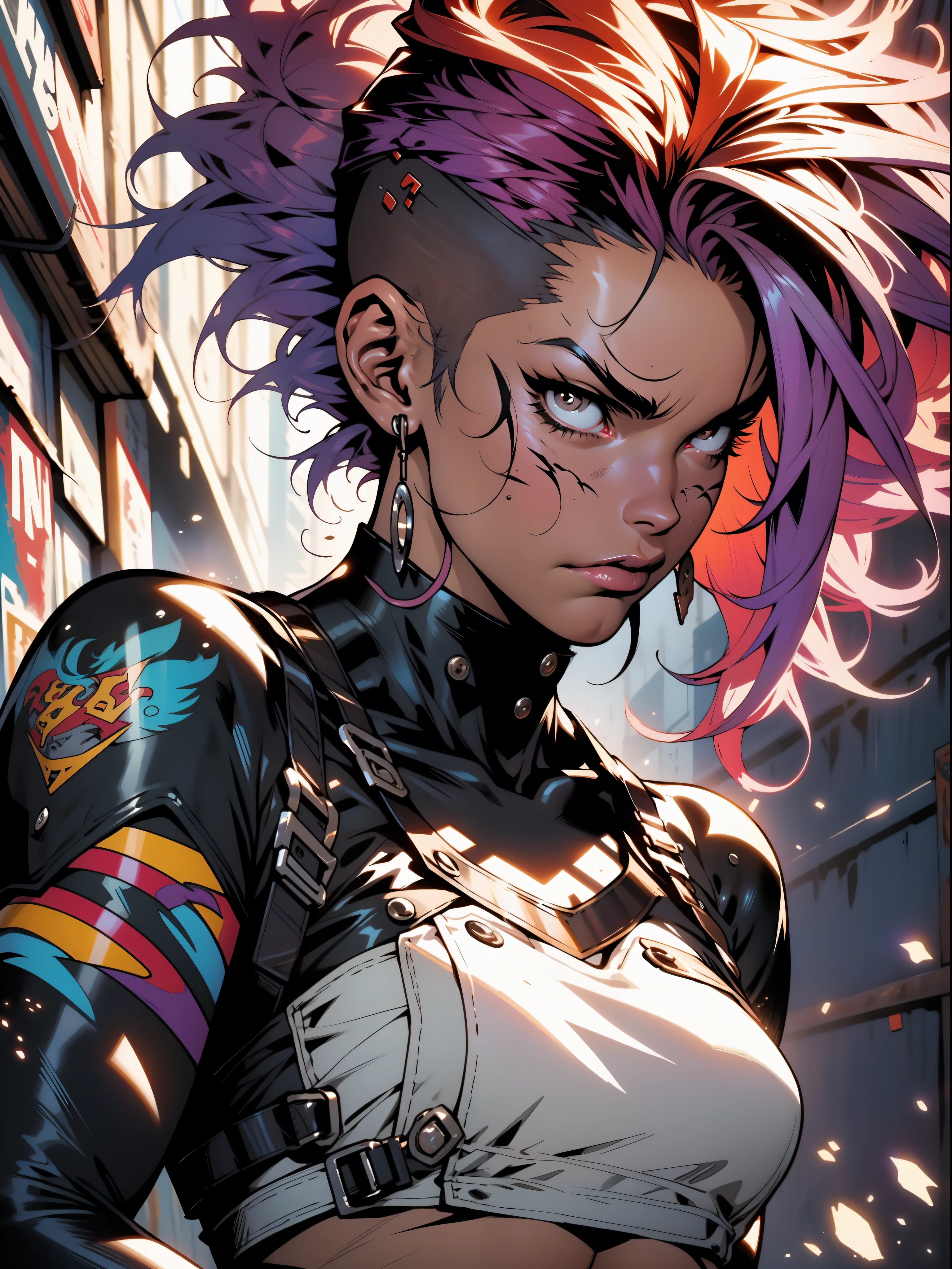 A muscular 35-year-old warrior woman almost naked in the Simon Bisley style for the cover of Heavy Metal magazine, colorful mohawk hair, Minimum clothing, Ink-stained short colored clothes,