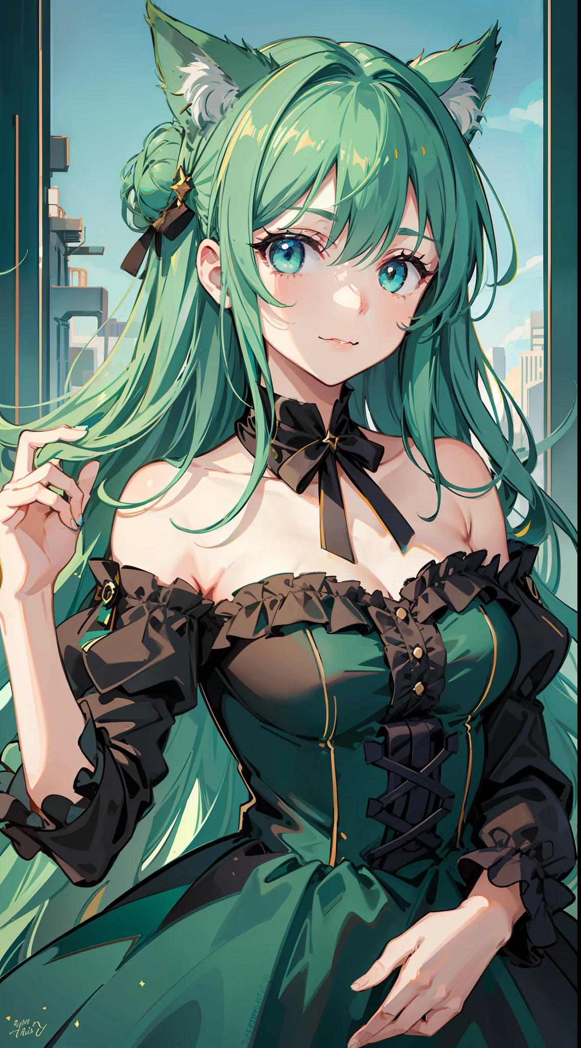 Adult girl, long dark green hair, bun hair, cyan eyes, cat ears, smile, dress, open shoulders, semi-prominent elements on the dress, masterpiece, high quality