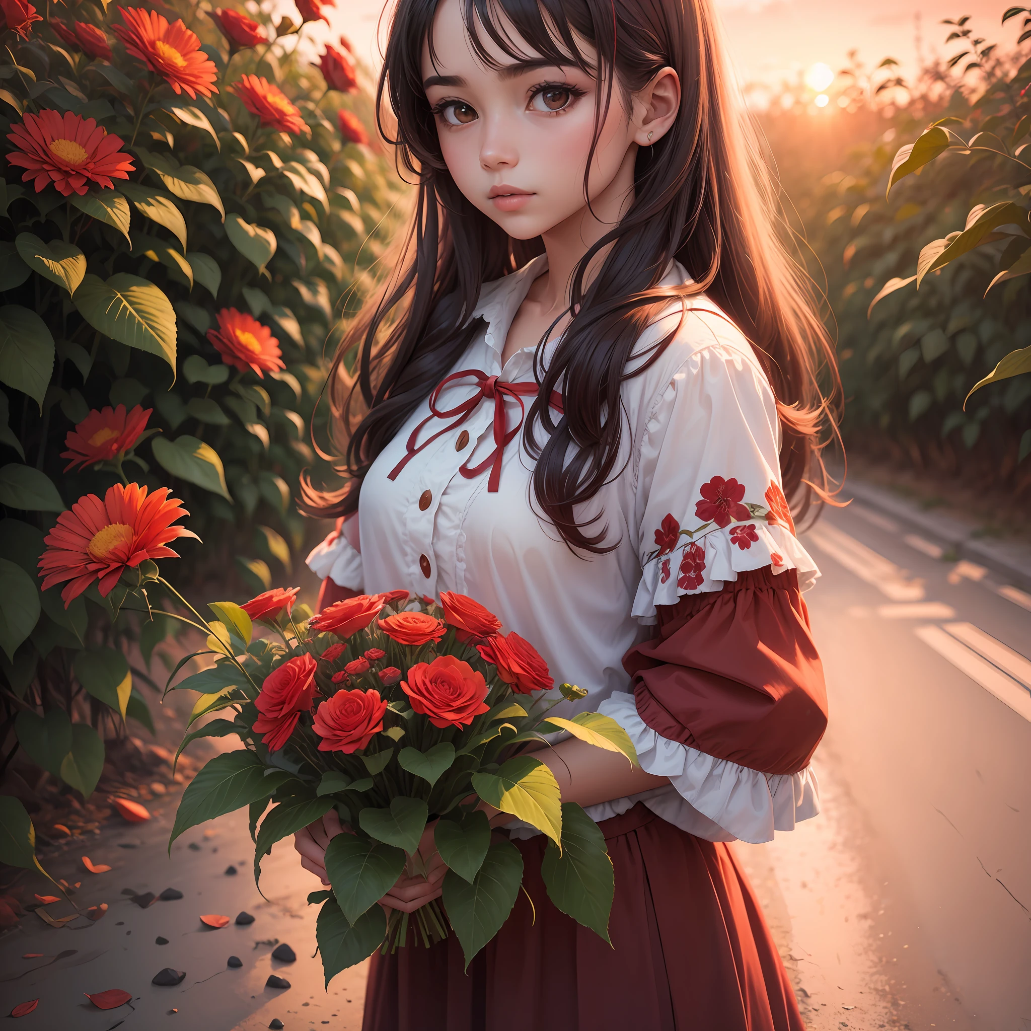 Girl with red flowers and sunset --auto --s2