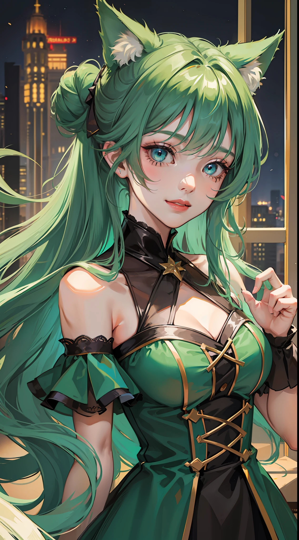 Adult girl, long dark green hair, bun hair, cyan eyes, cat ears, smile, dress, open shoulders, semi-prominent elements on the dress, masterpiece, high quality