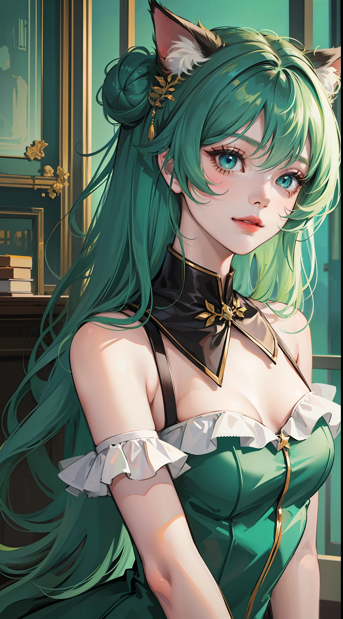 Adult girl, long dark green hair, bun hair, cyan eyes, cat ears, smile, dress, open shoulders, semi-prominent elements on the dress, masterpiece, high quality