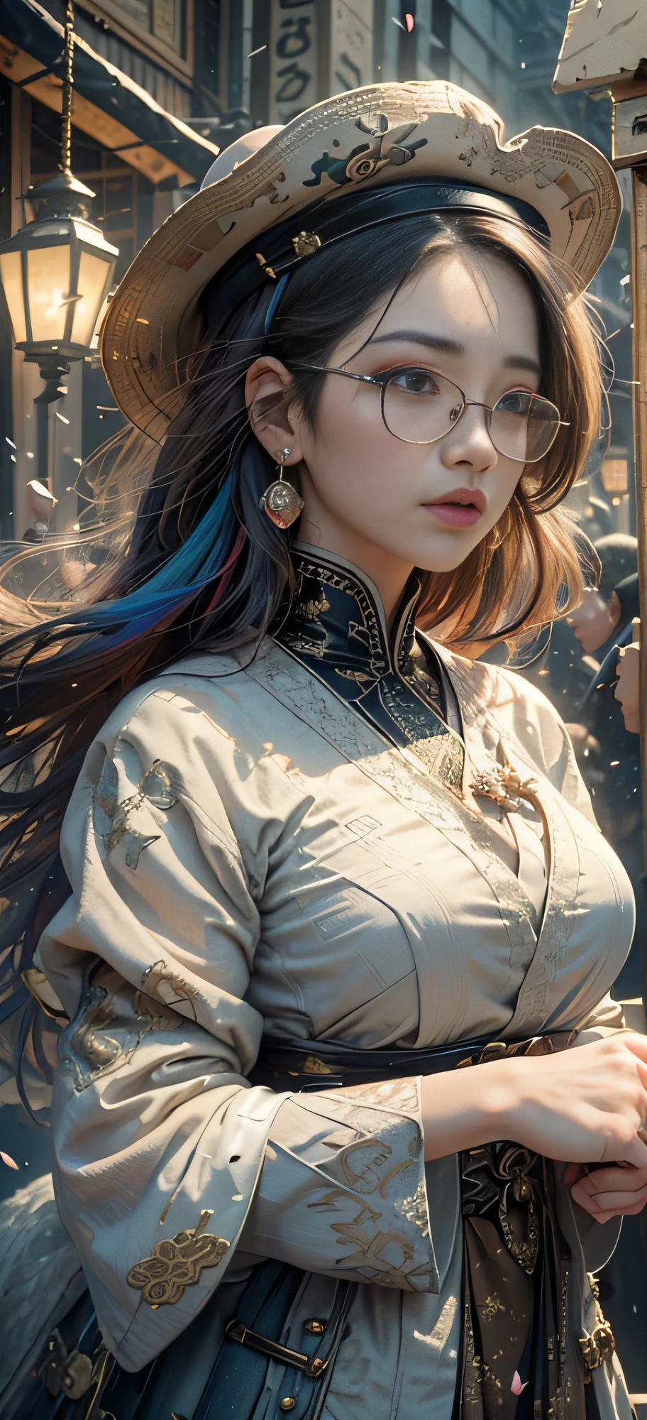 1 girl, 25 years old sexy, sexy glasses, bodybuilding coach figure, high cold, luxury accessories accessories, peerless charming eyes, warrior hat, Starbucks milk tea in hand, realistic face and fictional background clothes perfectly combined, melting, (worn lanterns, candles, cranes, dragons, cats, dogs, birds, artwork, broken porcelain pieces, broken various colors of fabric fluttering in the sky, violent wind, colorful light, lightning, randomly swinging hair, antique porcelain, random colorful pieces of paper and cloth petals on the ground) blended in, entangled, Surround, larger hanbok, masterpiece, 8k, ultra-wide angle, long distance, best quality, official art, top level, best detail, realistic character face shape korean fictional scene atmosphere sense ethereal dreamy perfect combination, break frame, red theme