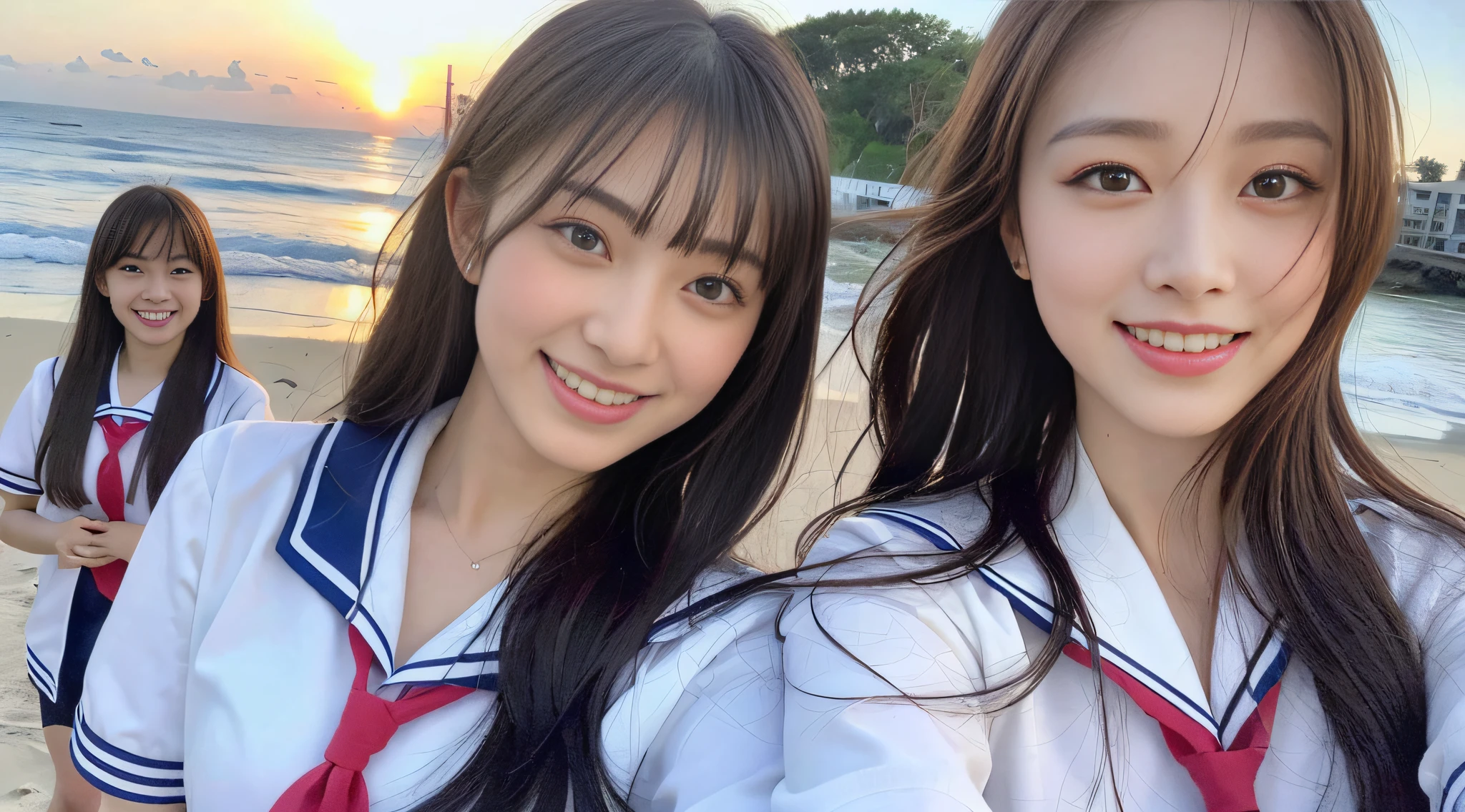 (8k, RAW photos, top quality, masterpieces: 1.2), super detail, super resolution, (real, real photos: 1.37), frolicking by the water, full body shots, full body photos, high resolution RAW color photos, professional photos, sun beach, emotional scenery, very detailed and beautiful, super high image quality, 8k wallpapers, amazing details, huge file size, very detailed beautiful girls, very detailed faceVery detailed eyes, very realistic skin, Very detailed fingers, Very detailed nose, Very detailed mouth, Perfect anatomy, Very detailed background, Very detailed clothes, Teen, Pretty girl, Famous Japan idol, Cute, Realistic body, Slender, White skin, Glowing skin, Slim body, Long straight hair, (dull bangs:1.2), Realistic face, Delicate eyes, Double eyelids, Sailor suit, red tie, pink eye shadow, high school girl Friend Smiling hair, after school Beautiful sunset Beach brown hair Energetic belly button out High school girl youth Celebrity-level cuteness Frolicking with multiple high school girls Looks fun A figure full of smiles, open arms facing us, adorable smile