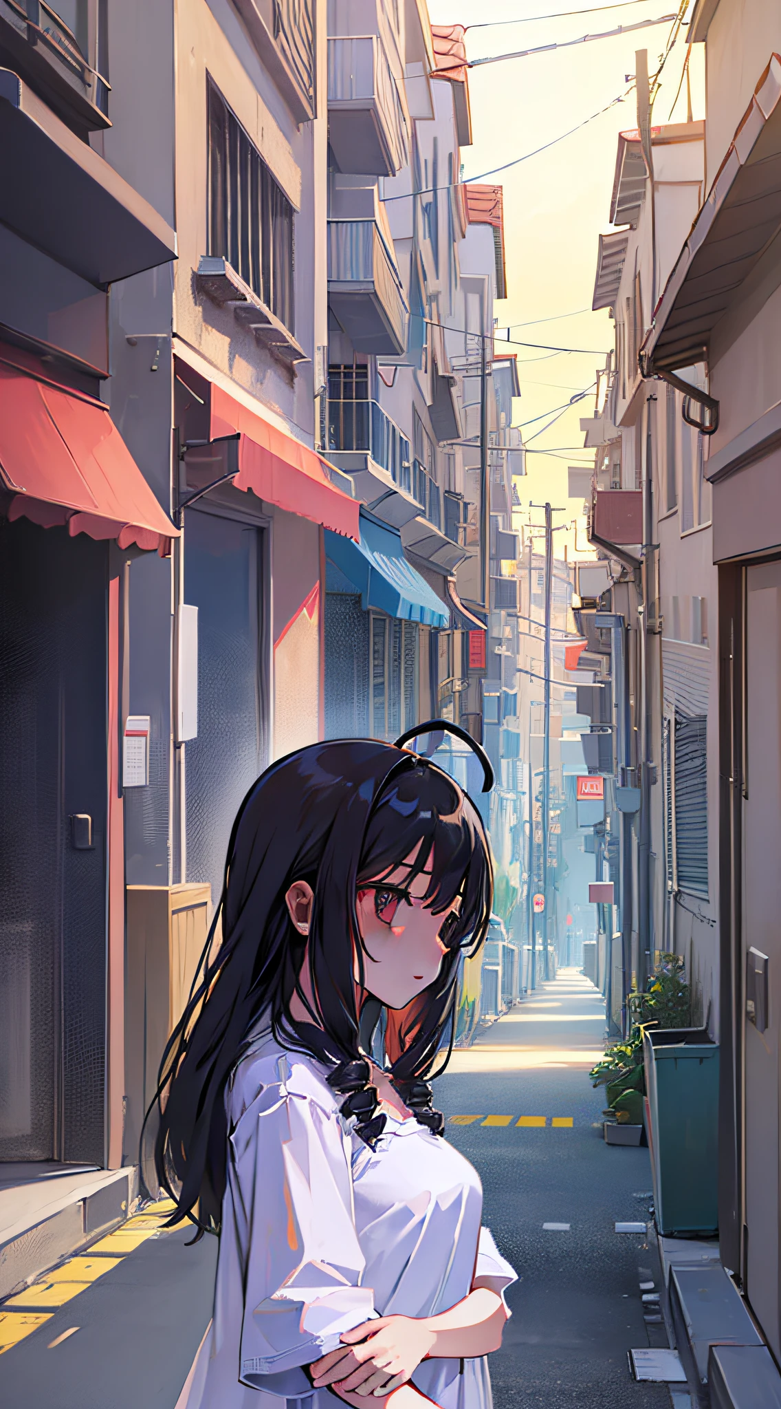 ((((ultra illustrated style:1.0)))),best quality,best animated,masterpiece,ray tracing, global illumination,1girl, solo, upper body,outdoors, hair down,ahoge