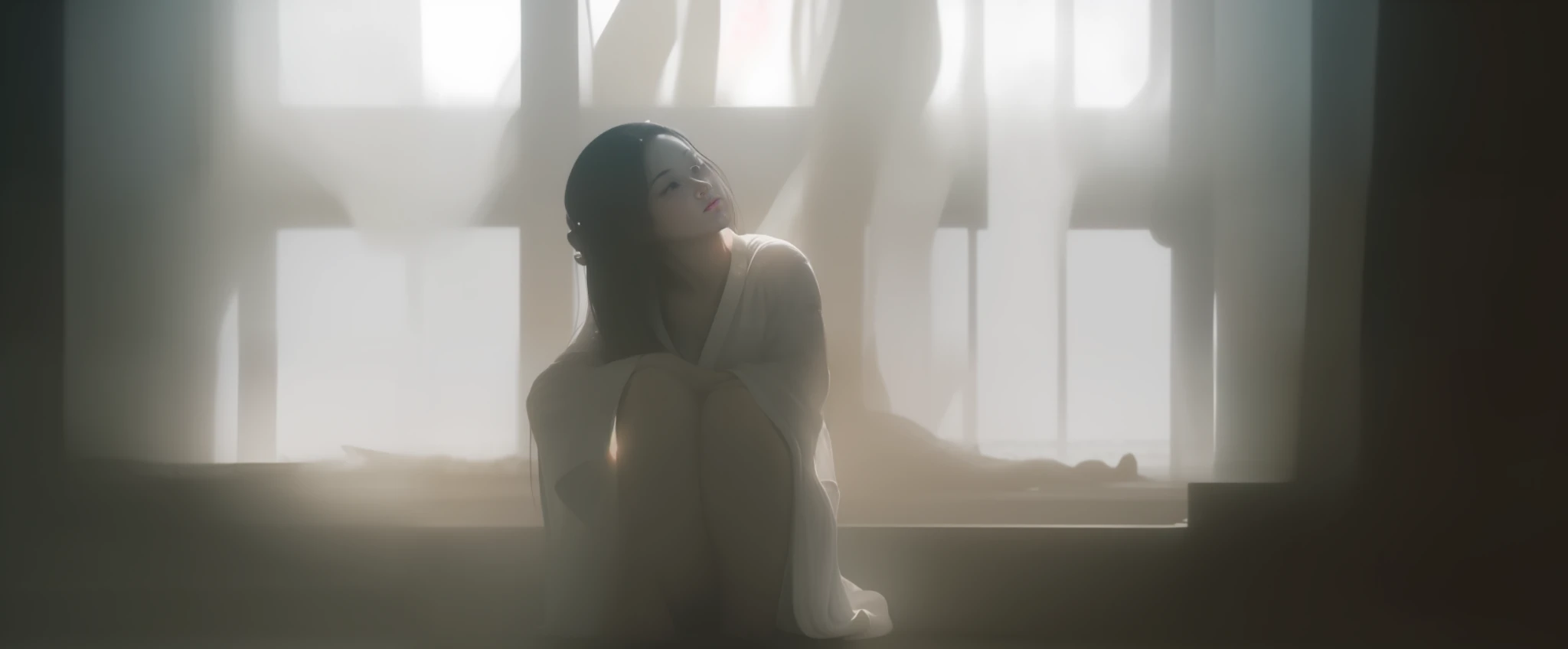 Aquarium world, background is an underwater reef, (((lots of red fish))), seaweed, bubbles, a beam of light, spotlights, ((frontal image, full body framing, looking up, perfect composition)), (a girl, ((looks like Liu Yifei)), Xiaolongnu shape, surrounded by fish, royal sister, wearing a white robe, Hanfu, Chinese style, (posture holding knees, curling abdomen, falling, face close to knees, bare feet, tiptoes off the ground, fine sand on the seabed,) (a thick black long hair, Dark clouds spread upwards, levitating, hair flying upwards))), and the water surface backlit to form a large whirlpool, tall, master works, the best picture quality, exquisite facial features, more details, 8K resolution, unity rendering, cold tones, backlight, illustration, glow, blue eyes clear, lips slightly open, clear expressions, aesthetic romance, beautiful artistic conception,