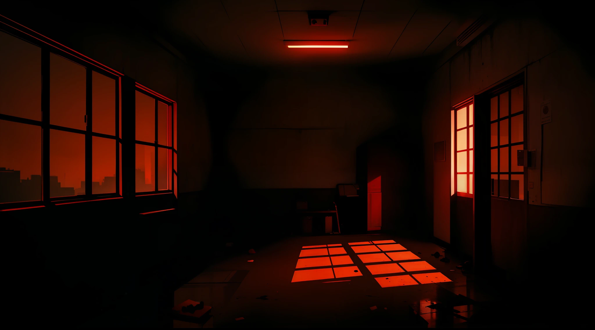 Dark school, classroom, dark night, inside school, abandoned, red lighting, terror, horror