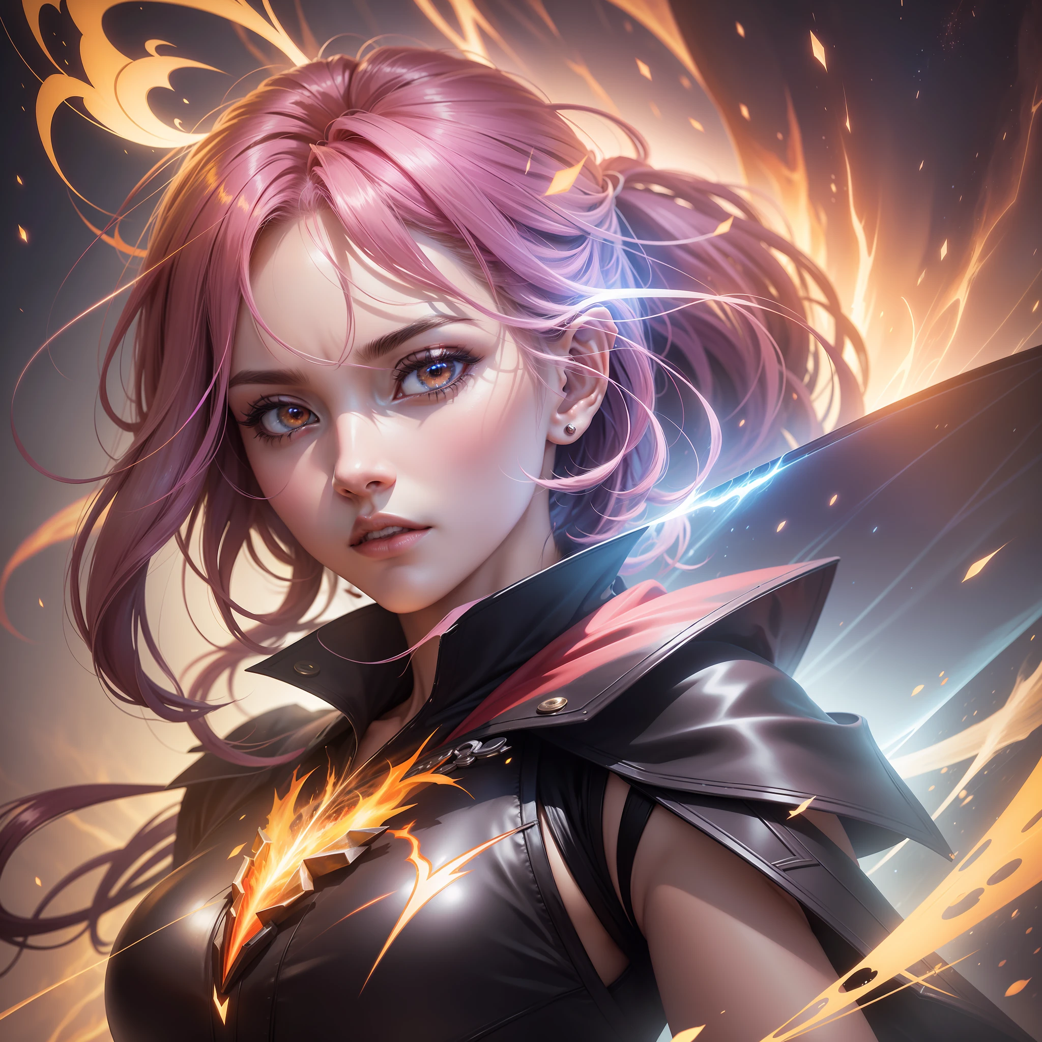 Generate a high-quality anime-style digital illustration depicting an elemental magician woman amid red flames and yellow rays. The scene should have golden tones, realistic depth of field, and soft cinematic lighting. Add a subtle flowering effect (flowering: 1.2) for an ethereal appearance in the flames and lightning. Use bright light (1.1) to emphasize the magical elements. Add a slight chromatic aberration (chromatic aberration: 1.2) at the points of greatest intensity to increase realism.
The magical woman should have distinctive anime features, striking facial details, expressive eyes, and an elaborate hair style. She should wear a costume that matches the elemental theme, using shades of red and yellow that harmonize with the flames and lightning around her. The details of the costume should be sharp and enhance its magical appearance.
The spatial background should be highly detailed, with bright stars and convey a sense of vastness. Apply soft, cinematic lighting, creating subtle shadows and highlight areas to add depth to the scene. Add a slight blur to reinforce the sense of depth of field and highlight the main character. Apply a slight backlight (backlighting: 1.2) from space to highlight the silhouette of the magician.
The generated image must have exceptional resolution and sharpness, with a high level of detail in all elements. Adjust the contrast to highlight the vibrant colors of fire and lightning. Make sure the lighting is meticulously rendered, creating precise shadows and reflections to achieve a hyper-realistic effect.
Use auto mode (auto) and size scale 2 (s2) to get a high-resolution image. Be aware that the result may vary depending on the model and platform you are using. You can now use this more detailed prompt to generate the highest quality digital illustration possible.