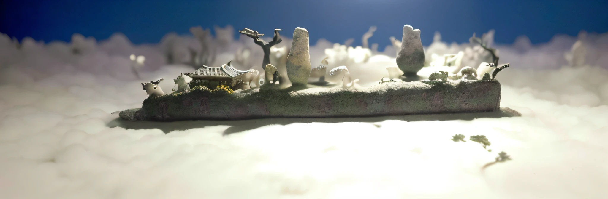 There are several 3,000-year-old Asian houses with a group of animals, ethereal old plum trees, diorama macro photography, lying in a white cloud wonderland, liquid clouds, spore clouds, surreal water art, badly damaged walls, glowing flower-shaped clouds, slimy reflections