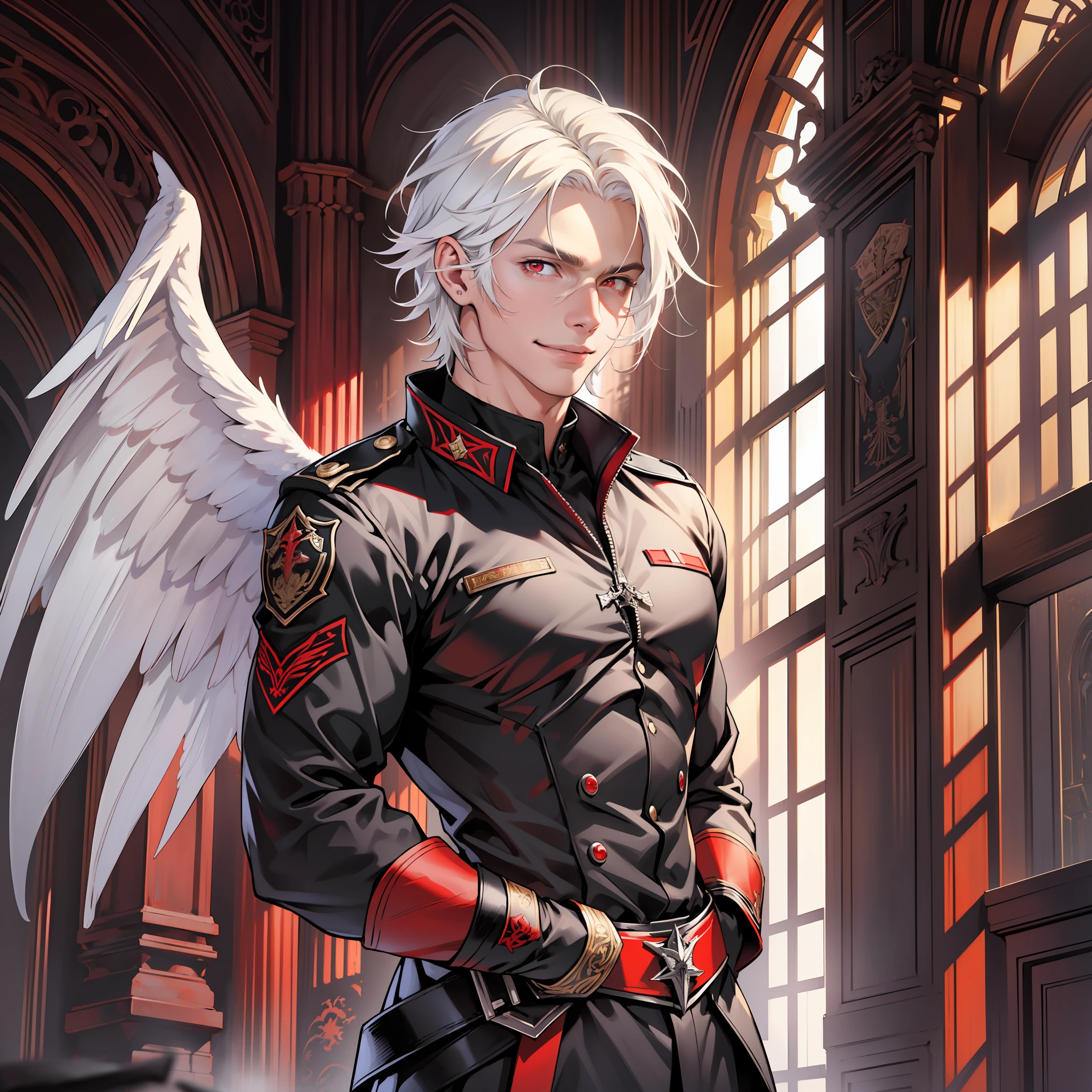 ((realistic: 1.5)),((best quality)), ((masterpiece)),((detailed)), man, young, short white hair, red eyes, black angel wings, focus on face, fearless look, smile, black general outfit, intimidating pose, castle