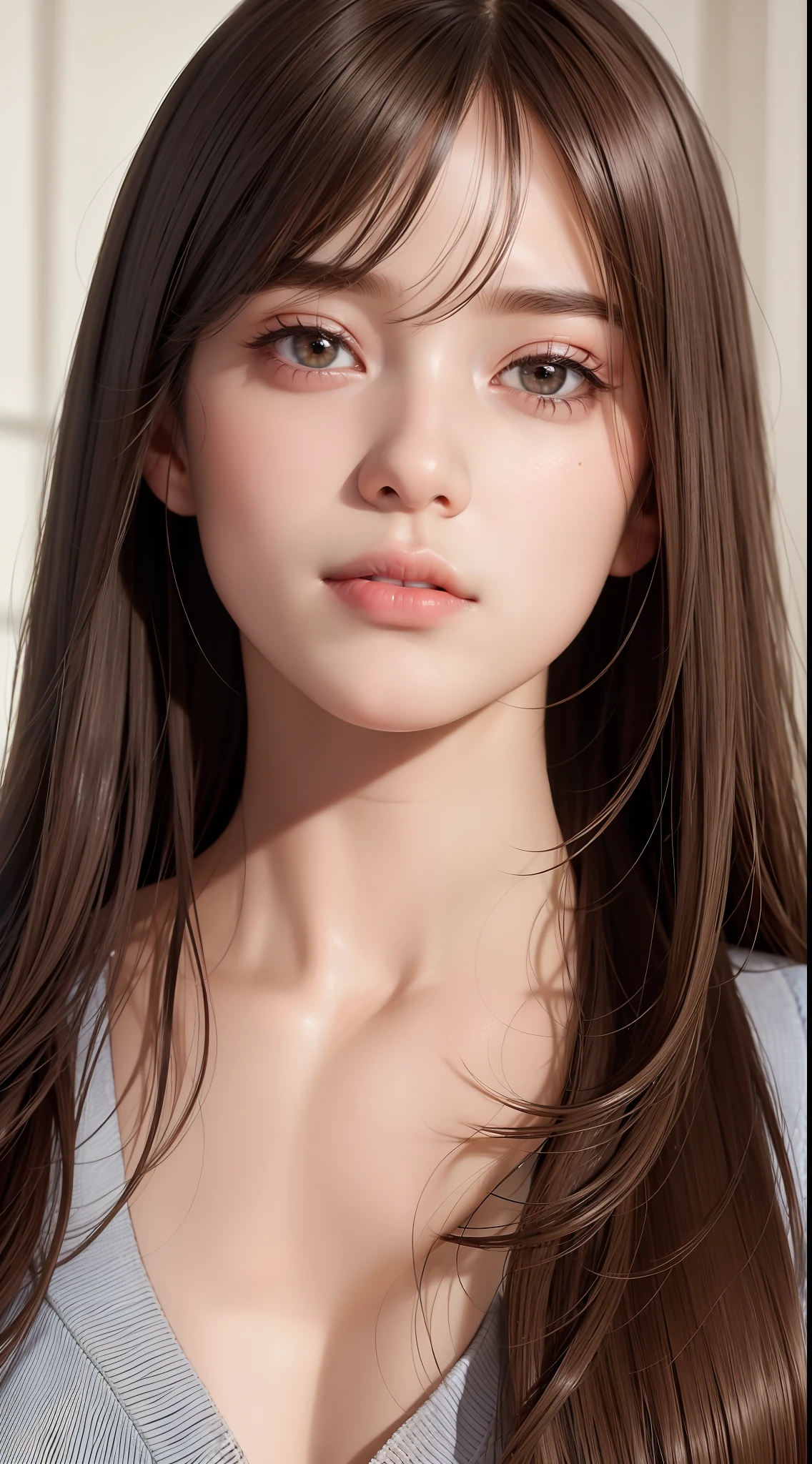 upper body, masterpiece, best quality, raw photo, photorealistic, big, face light, shiny skin, high resolution, ultra detail, detail, detailed eyes and face, sharp pupils, realistic pupils, sharp focus, shiny skin, cute smile, brown hair, sporty clothes, long hair