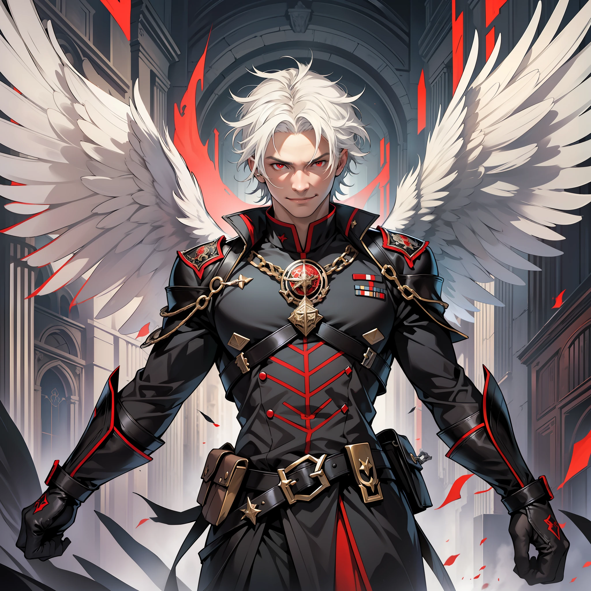 ((realistic: 1.5)),((best quality)), ((masterpiece)),((detailed)), man, young, short white hair, red eyes, black angel wings, focus on face, fearless look, smile, black general outfit, intimidating pose, castle