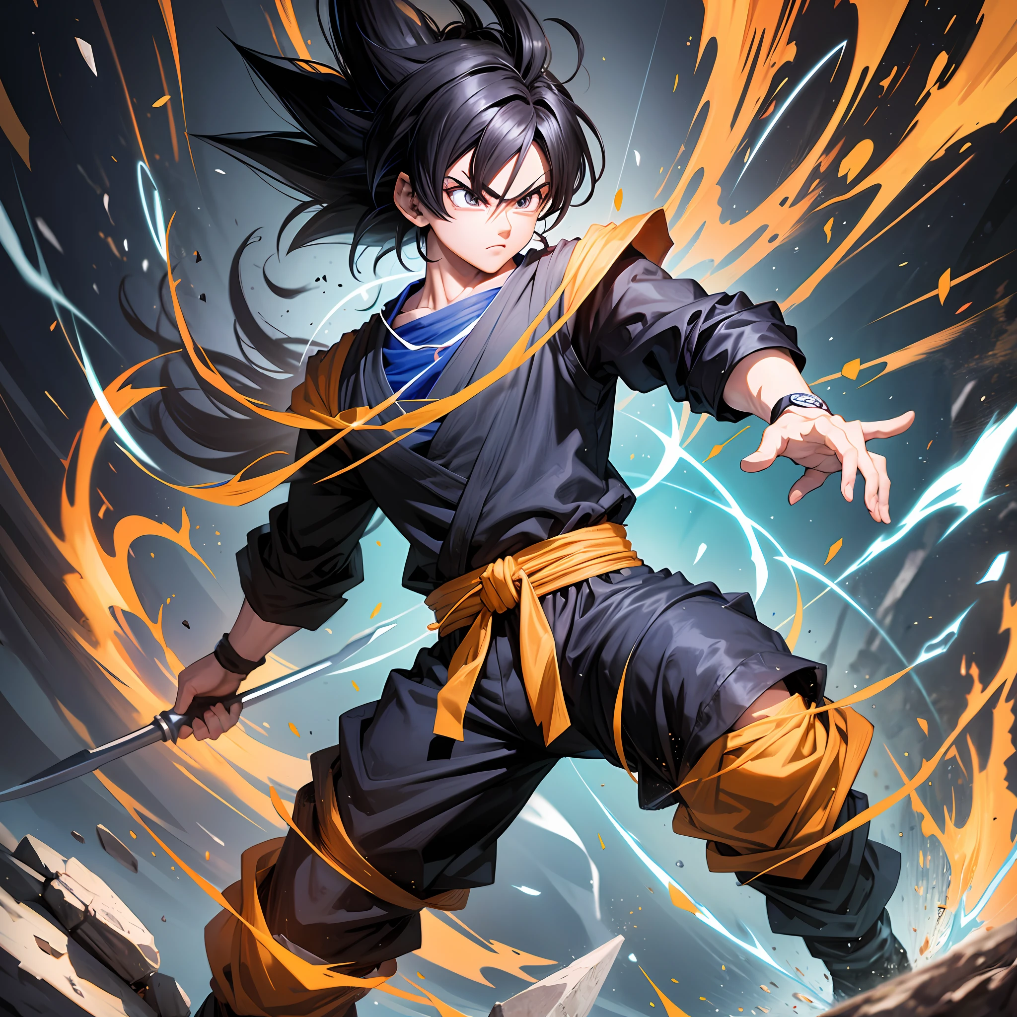 Create a dragonball style character,black hair,with Goku's outfit,with black eyes,well detailed,looking at the screen, --auto --s2