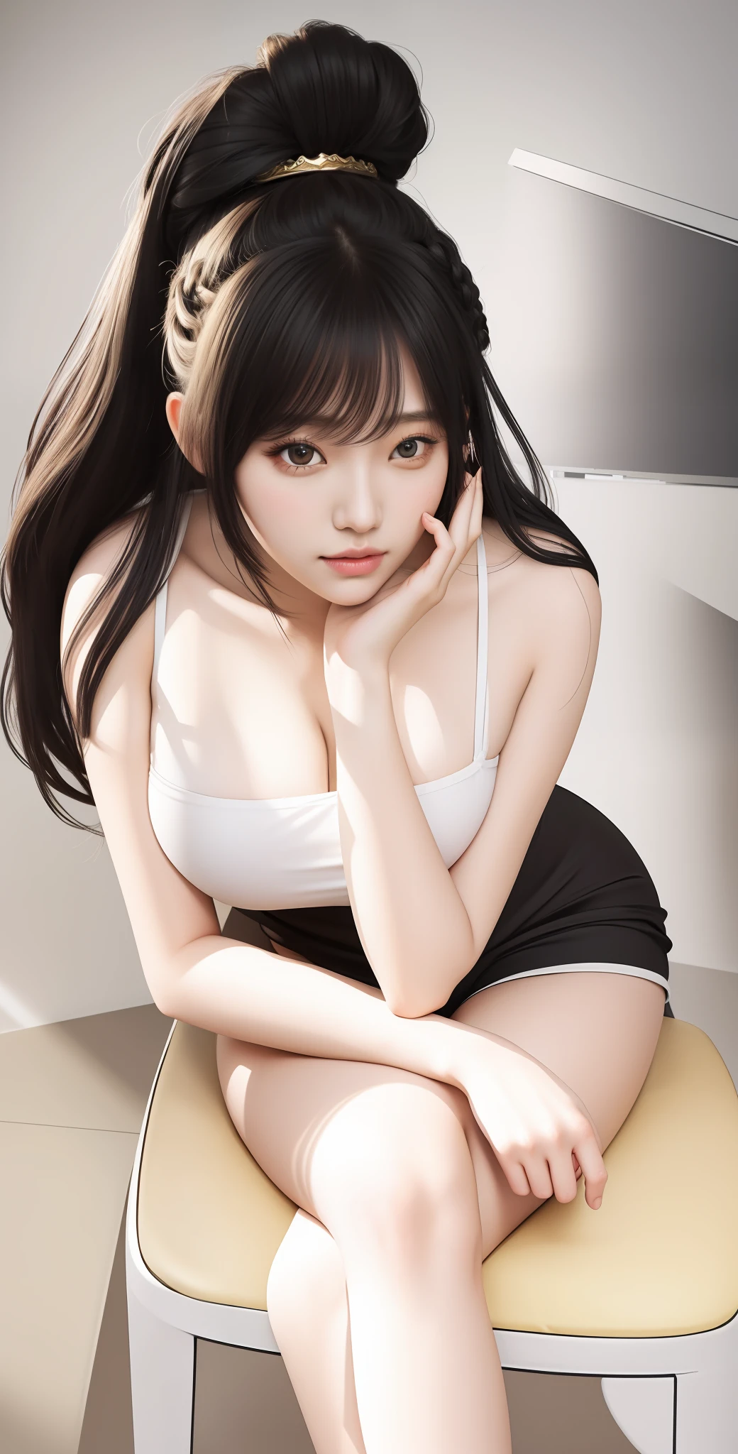 An Idol k-pop girl, cute girl, sexy girl, white braid hair, intricate face details, detailed face, golden ratio face, big breast, big butt, big hip, big thighs, full body, 64K, UHD, HDR, high quality, high detailed, hyper detailed, extremely detailed, photo realistic, ultra realistic, art photo, clarify the details, detailed parts body, intricate artwork masterpiece, trending on artstation, sitting on chair, detailed hands, in house background