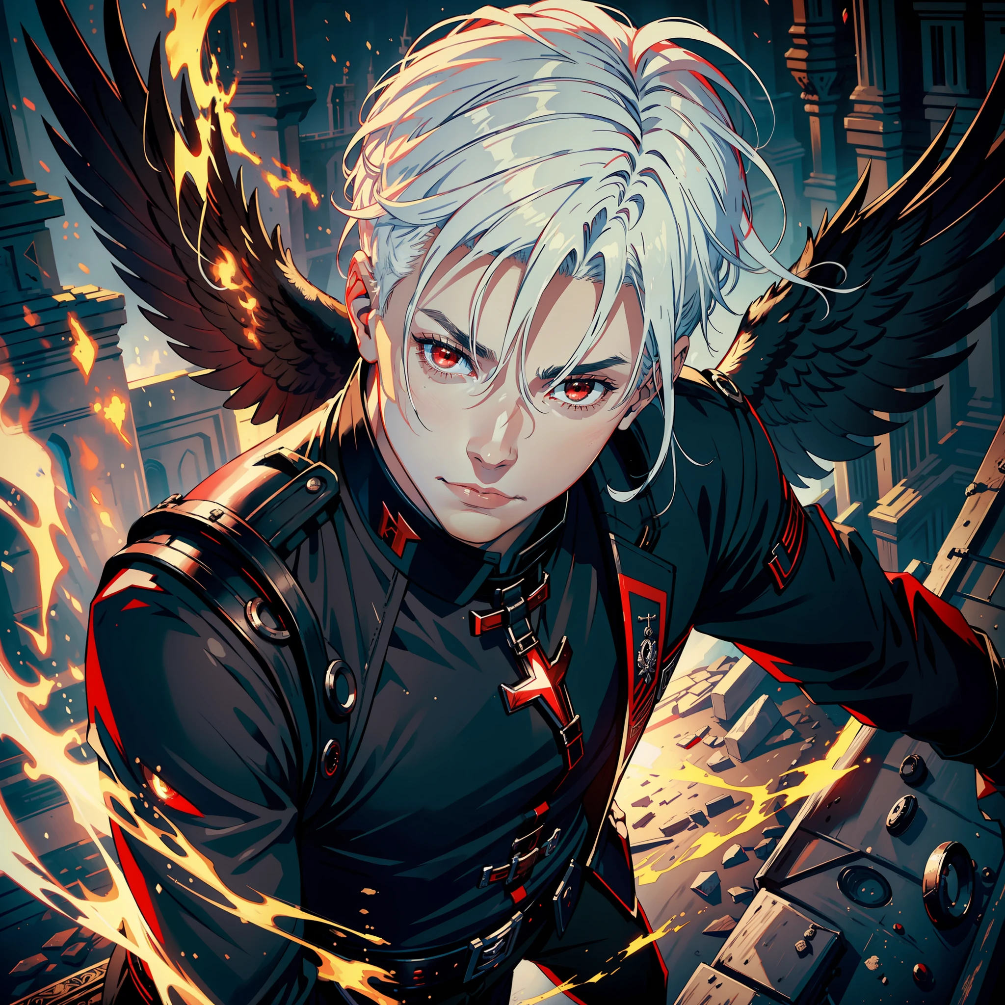 ((realistic: 1.5)),((best quality)), ((masterpiece)),((detailed)), man, young, short white hair, red eyes, black angel wings, focus on face, fearless look, smile, black general outfit, intimidating pose, castle