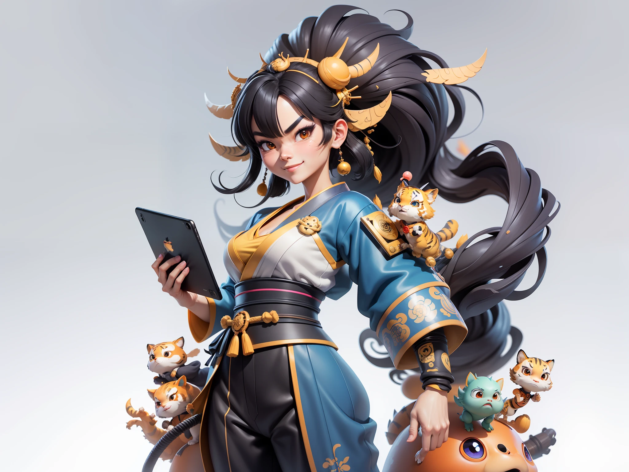 (Masterpiece), (Extreme Quality), (Super Meticulous), (Full Body: 1.2), Super Young Woman, Japanese Female Geisha, Beauty, Chinese Dragon, Tiger, Fengshen Thor, Sexy, Bursting, Oriental Face, TV Anchor, Bust Portrait Illustration, Alone, Black Suit, Blue Tie, Slightly Chubby, Very Clean Face, No Beard, Black Super Short Hair, Black Eyes, Confident Smile, 3c Computer Sub-Products, iPad, iPhone, Digital Painting, 3D character design by Mark Clairedon and Pixar and Hayao Miyazaki and Akira Toriyama, the illustrations are HD illustrations in 4K resolution with highly detailed facial features and cartoon-style visuals.