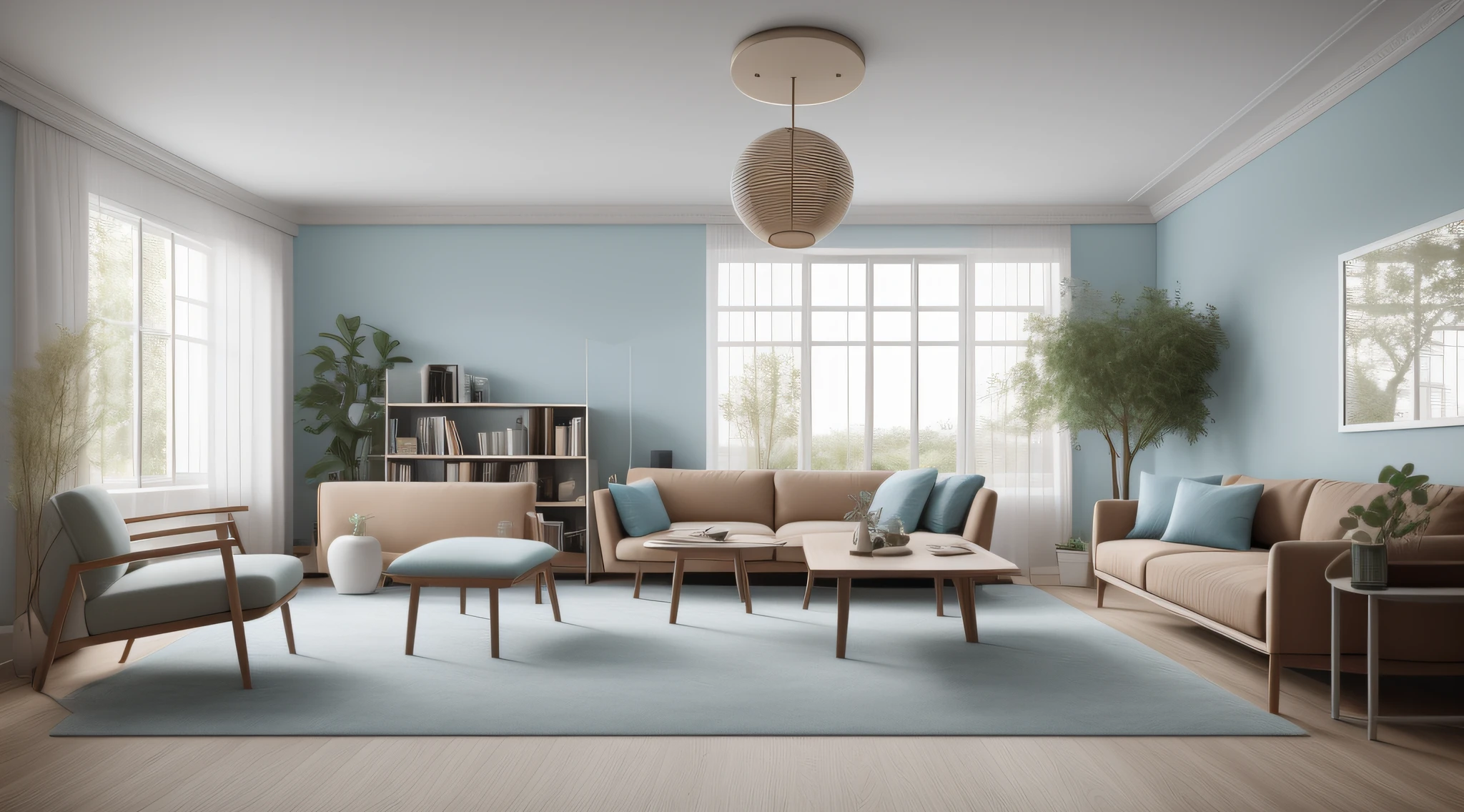 a living room, baby blue walls with flower wallpaper, bright mahogany wood floor, sofa with 2 armchairs in beige color, a glass coffee table with vase on top, a medium-sized London landscape frame behind the sofa, a clear lighting projected from above, a large window with white curtains, A bookshelf on the wall and some silverware, (iamgem realistic), (minimalist) 8K, 16K, Detailed Architecture, Ray Tracing, Global Lighting, Render, 3D Studio Image