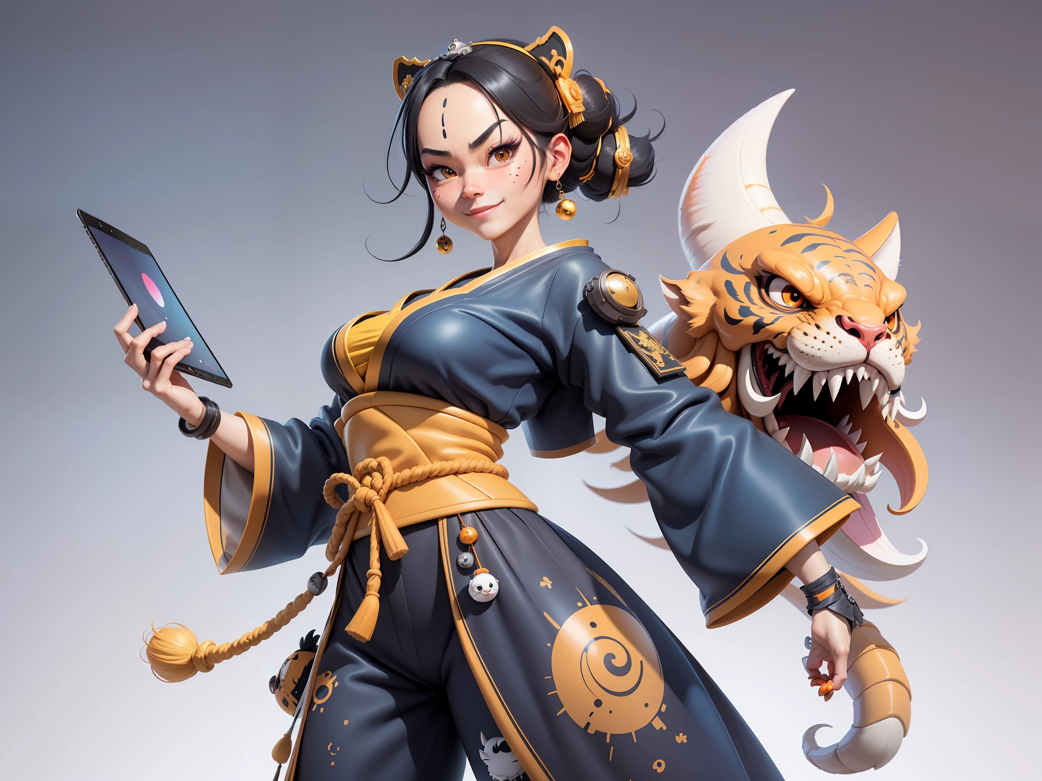 (Masterpiece), (Extreme Quality), (Super Meticulous), (Full Body: 1.2), Super Young Woman, Japanese Female Geisha, Beauty, Chinese Dragon, Tiger, Fengshen Thor, Sexy, Bursting, Oriental Face, TV Anchor, Bust Portrait Illustration, Alone, Black Suit, Blue Tie, Slightly Chubby, Very Clean Face, No Beard, Black Super Short Hair, Black Eyes, Confident Smile, 3c Computer Sub-Products, iPad, iPhone, Digital Painting, 3D character design by Mark Clairedon and Pixar and Hayao Miyazaki and Akira Toriyama, the illustrations are HD illustrations in 4K resolution with highly detailed facial features and cartoon-style visuals.
