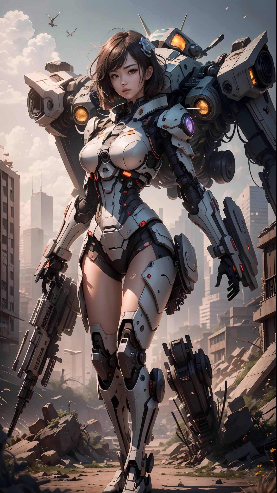 ((Best Quality)), (Masterpiece)), (Very Detail:1.3), 3D, Shitsumeka, Beautiful Cyberpunk Woman Equipped with Pink Mecha in Ruins of Forgotten War City, Ancient Technology, HDR (High Dynamic Range), Ray Tracing, NVIDIA RTX, Super Resolution, Unreal 5, Subsurface Scattering, PBR Textures, Post-Processing, Anisotropic Filtering, depth of field, maximum sharpness and sharpness, multi-layer textures, albedo and highlight maps, surface shading, accurate simulation of light-material interactions, perfect proportions, octane rendering, duotone lighting, low ISO, white balance, rule of thirds, wide aperture, 8K RAW, efficient subpixel, subpixel convolution, Luminescent particles, light scattering, Tyndall effect