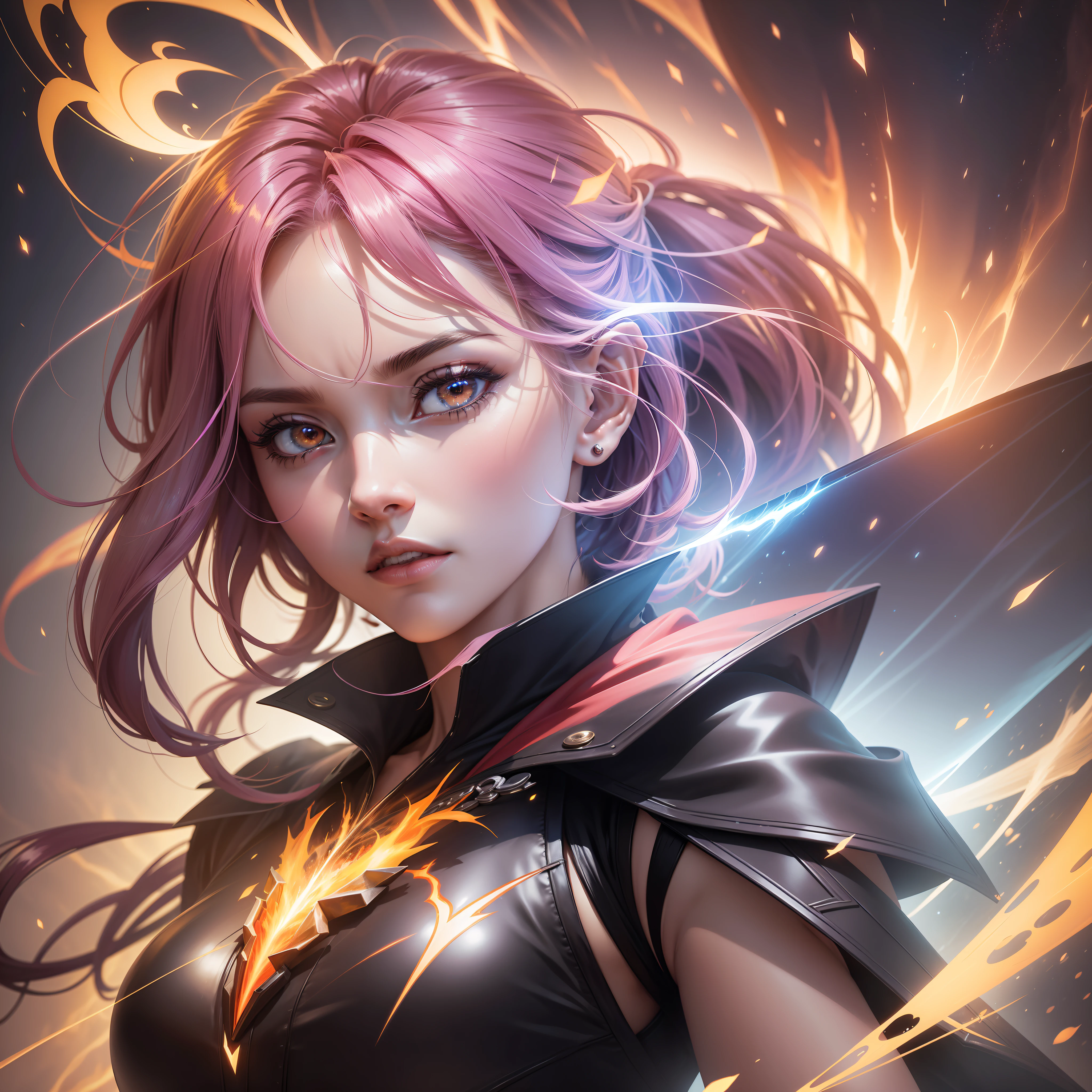 Generate a high-quality anime-style digital illustration depicting an elemental magician woman amid red flames and yellow rays. The scene should have golden tones, realistic depth of field, and soft cinematic lighting. Add a subtle flowering effect (flowering: 1.2) for an ethereal appearance in the flames and lightning. Use bright light (1.1) to emphasize the magical elements. Add a slight chromatic aberration (chromatic aberration: 1.2) at the points of greatest intensity to increase realism.

The magical woman should have distinctive anime features, striking facial details, expressive eyes, and an elaborate hair style. She should wear a costume that matches the elemental theme, using shades of red and yellow that harmonize with the flames and lightning around her. The details of the costume should be sharp and enhance its magical appearance.

The spatial background should be highly detailed, with bright stars and convey a sense of vastness. Apply soft, cinematic lighting, creating subtle shadows and highlight areas to add depth to the scene. Add a slight blur to reinforce the sense of depth of field and highlight the main character. Apply a slight backlight (backlighting: 1.2) from space to highlight the silhouette of the magician.

The generated image must have exceptional resolution and sharpness, with a high level of detail in all elements. Adjust the contrast to highlight the vibrant colors of fire and lightning. Make sure the lighting is meticulously rendered, creating precise shadows and reflections to achieve a hyper-realistic effect.

Use auto mode (auto) and size scale 2 (s2) to get a high-resolution image. Be aware that the result may vary depending on the model and platform you are using. You can now use this more detailed prompt to generate the highest quality digital illustration possible.