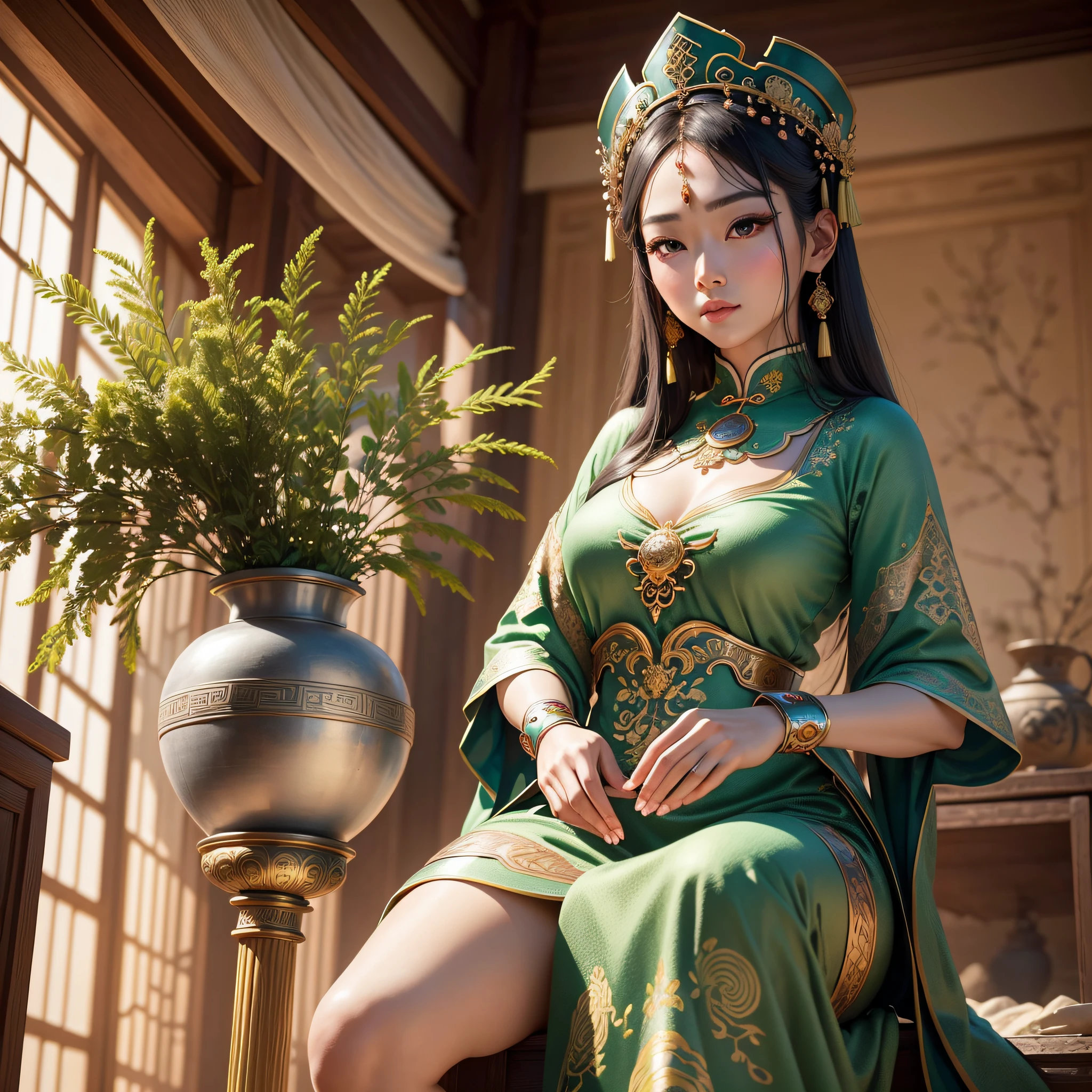 ancient Chinese beauty, fair skin, beautiful long legs, big eyes, high nose bridge, oval face, elegant posture, noble temperament, adorned with gorgeous ancient headwear and beautiful ancient clothing. Filmed in 32K ultra high definition, the scenery is breathtaking, with realistic details and exquisite craftsmanship. The colors are soft and the background is a beautiful green, giving off an aesthetic ancient vibe. The natural lighting highlights the rosy lips and the high-quality filming techniques give the scenes a cinematic feel. --ar 9:16 --v 5 --upbeta --auto --s2
